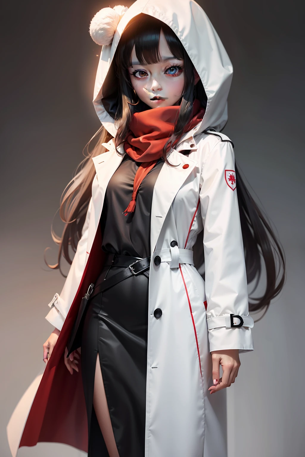She wears a white trench coat,With a hood,Wear a red scarf,Long hair shawl。Her T-shirt is black,The scarf has a thin woven thread。Her left eye is completely white,The right eye is bright red。Admission requirements:high high quality、style of anime、Girly image、quadratic element,Full body screen。