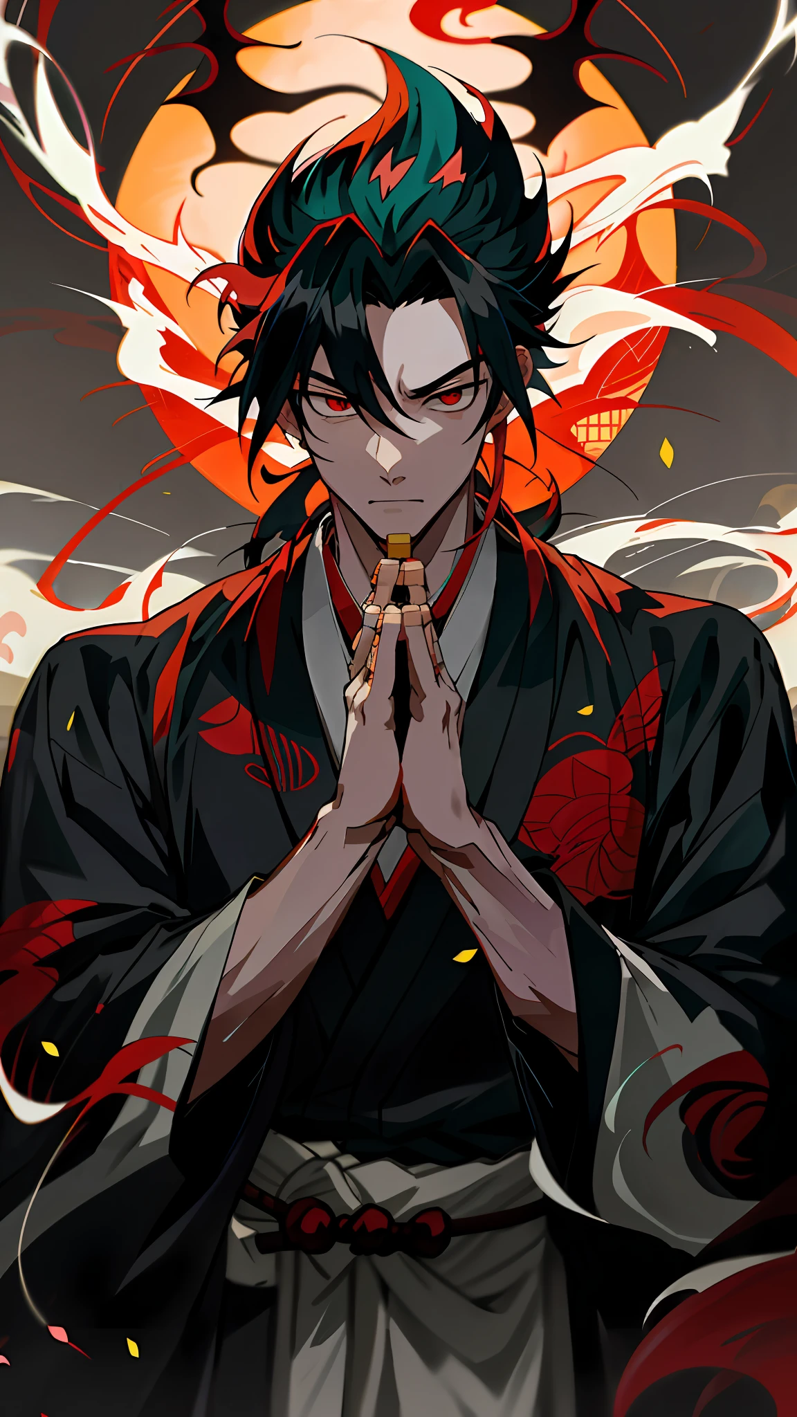 Anime - Style image of a man praying in a kimono robe, handsome guy in demon killer art, handsome japanese demon boy, Handsome anime pose, beautiful male god of death, demon slayer rui fanart, Male anime style, male anime character, Guviz-style artwork, anime style character, flowing hair and long robes, young anime man, anime wallaper