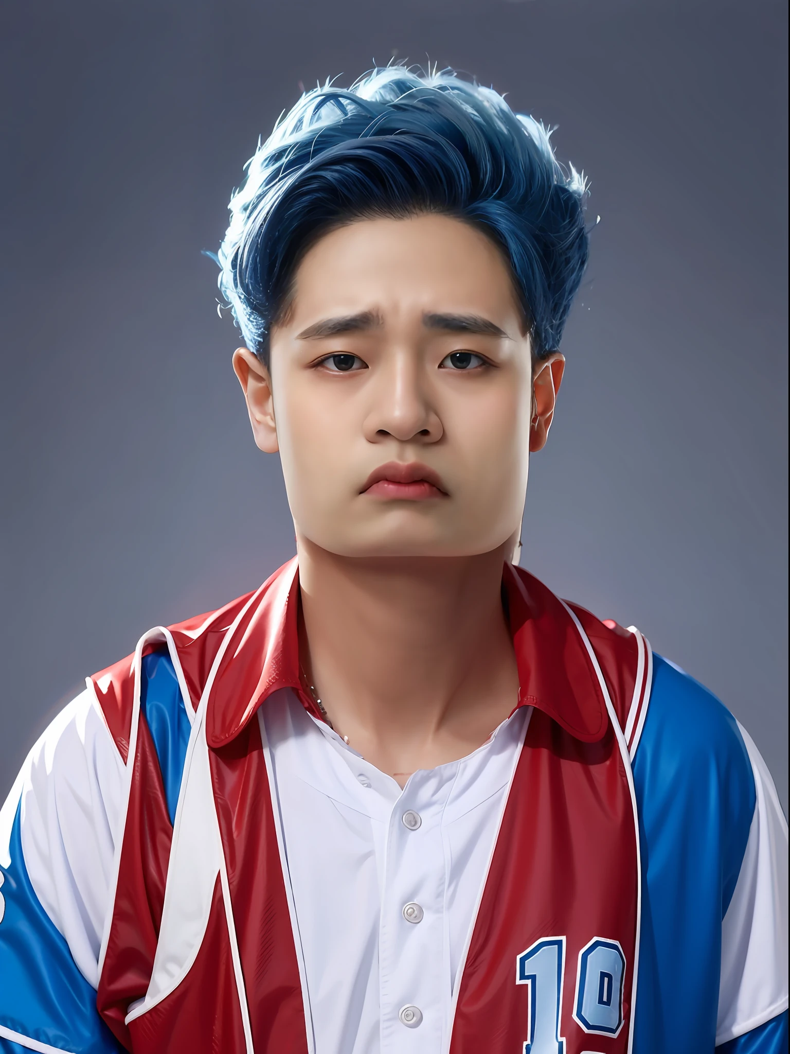 A 16-year-old male high school student，Wearing a PVC red baseball jersey，blue hairs