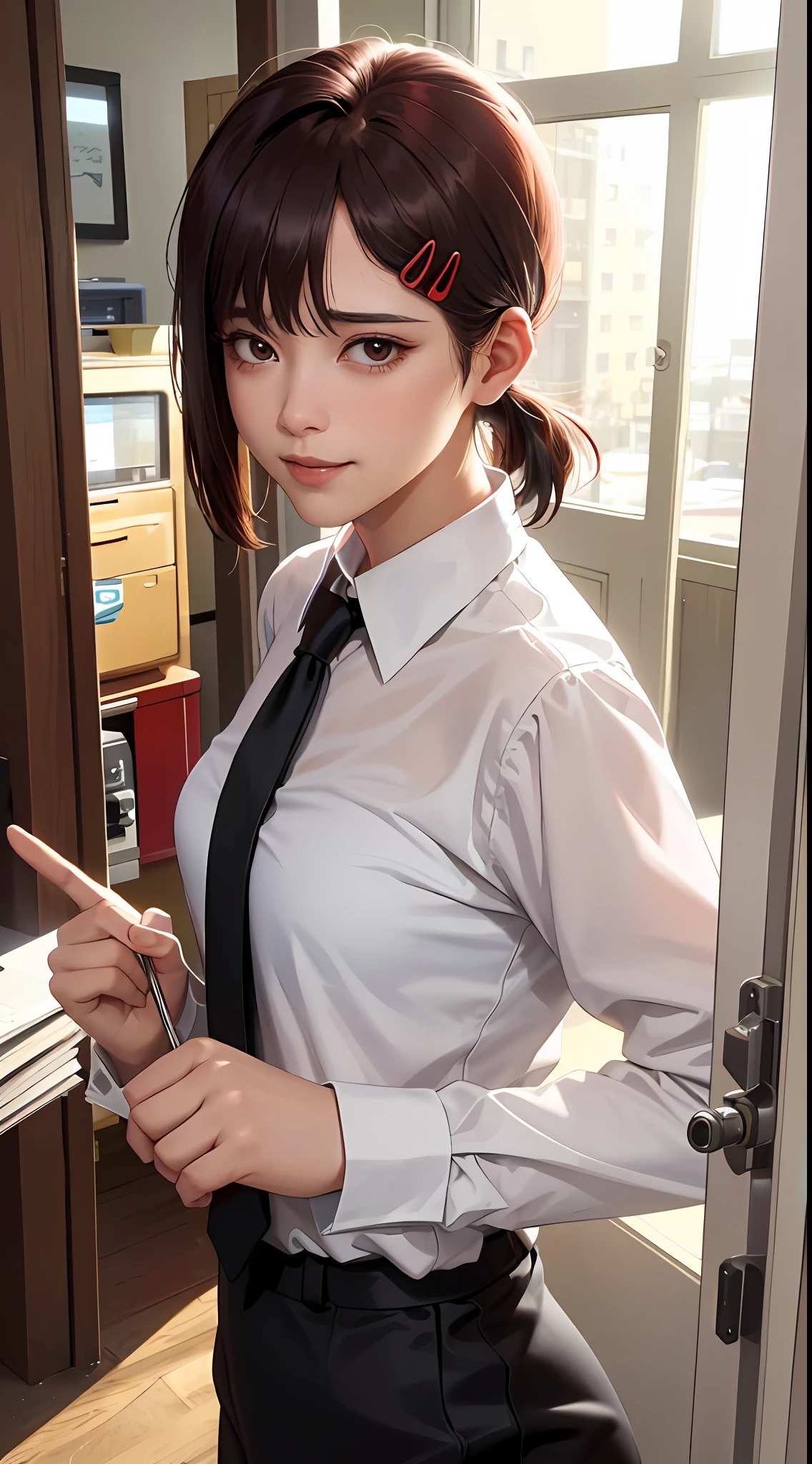 tmasterpiece,best qualtiy,ultra - detailed,illustratio,epic lighting,cinematic compositions,isometry,1girl,独奏,adolable,cleavage,with brown eye,black color hair,sweeping bangs,single hair,red hair clips,blouse with a white collar,black necktie,Black pantsuit,formal,a captivating gaze,captivating posture,inside in room,office room,doors,Open the door,looking at viewert,peeking out upper body,Be red in the face,seduct smile,Shut your mouth,(8k:1.1),