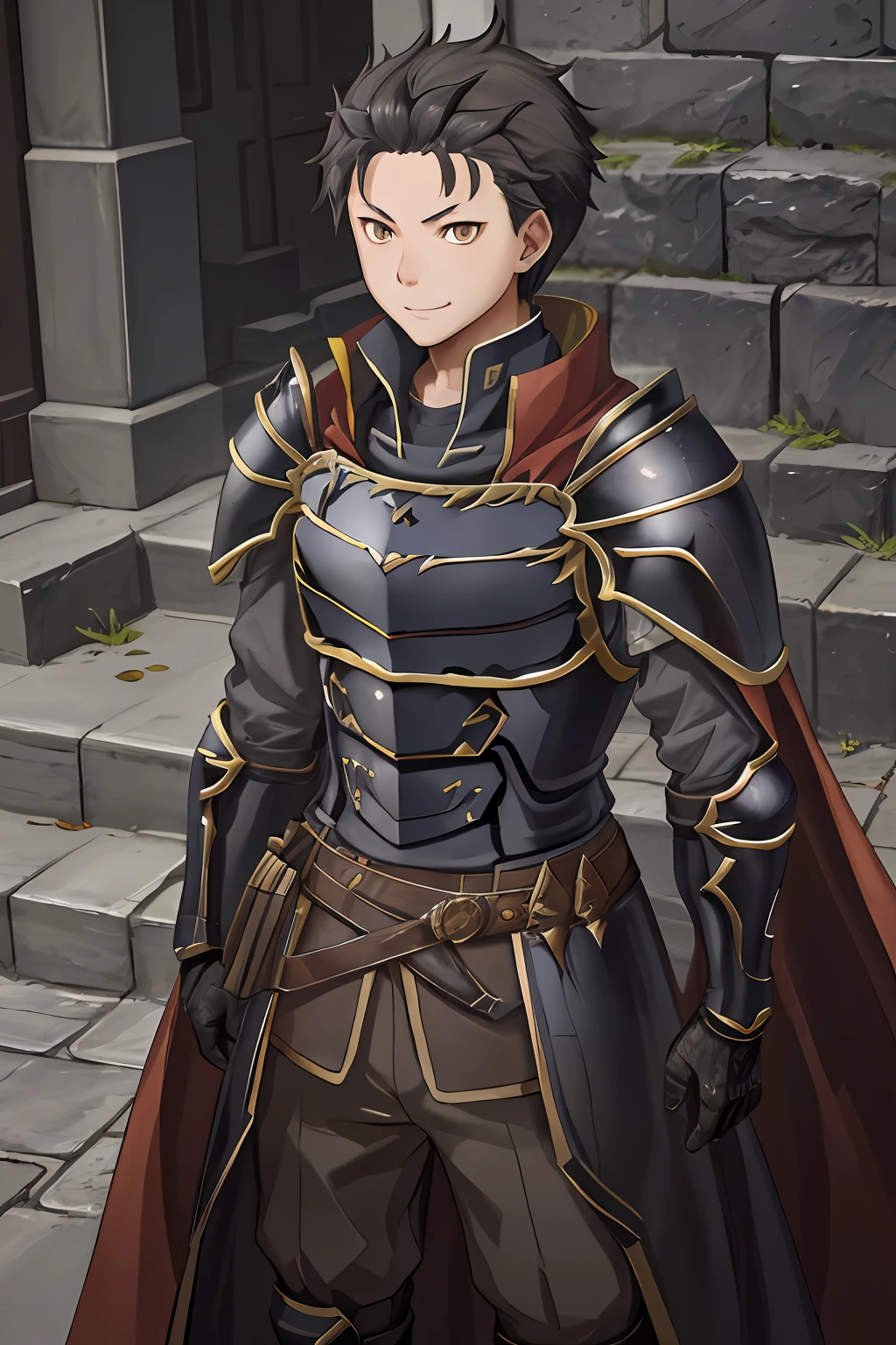 (1 Adult male),A high resolution, Sharp focus, Pixiv masterpiece, ((Complicated details)), highly detailed, natsuki_subaru, 1 man, ssmile,full bodyesbian, Black colored eyes(eyes glowing), with short black hair,Armour,cloaks,Shoulder armor,perspire,look from down