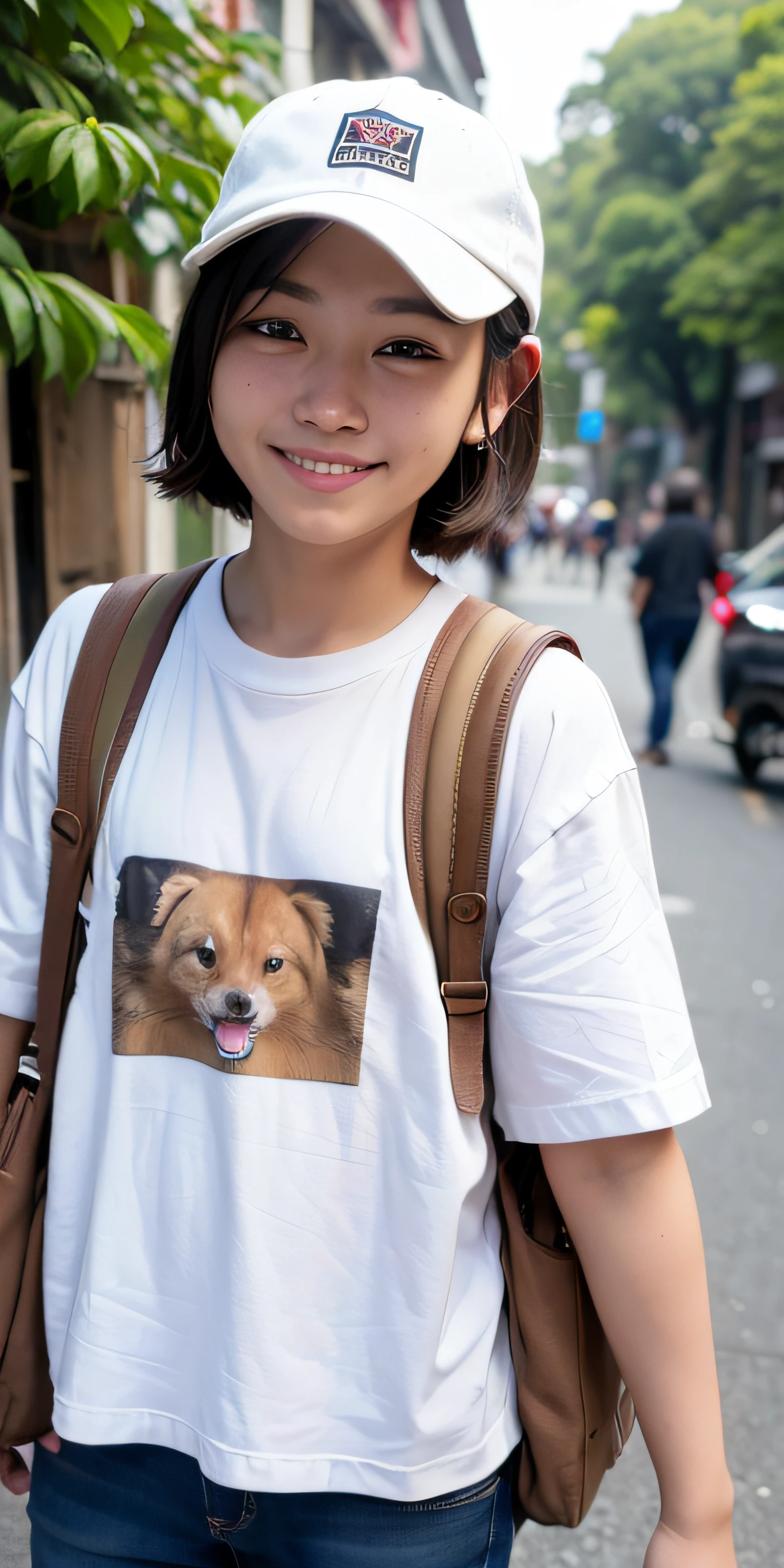 ((top-quality、8k、​masterpiece:1.3)), from the chest up, foco nítido:1.2, short-cut, (Rolled up Y-shirt, is standing:1.2), ((Streets of Vietnam:1.3)), Highly detailed facial and skin texture, A detailed eye, 二重まぶた, (teeth showing、a smile、The corners of the mouth are raised), Highly detailed white tooth texture, Small piercings in the ears, Large backpack on the back, Brown cap
