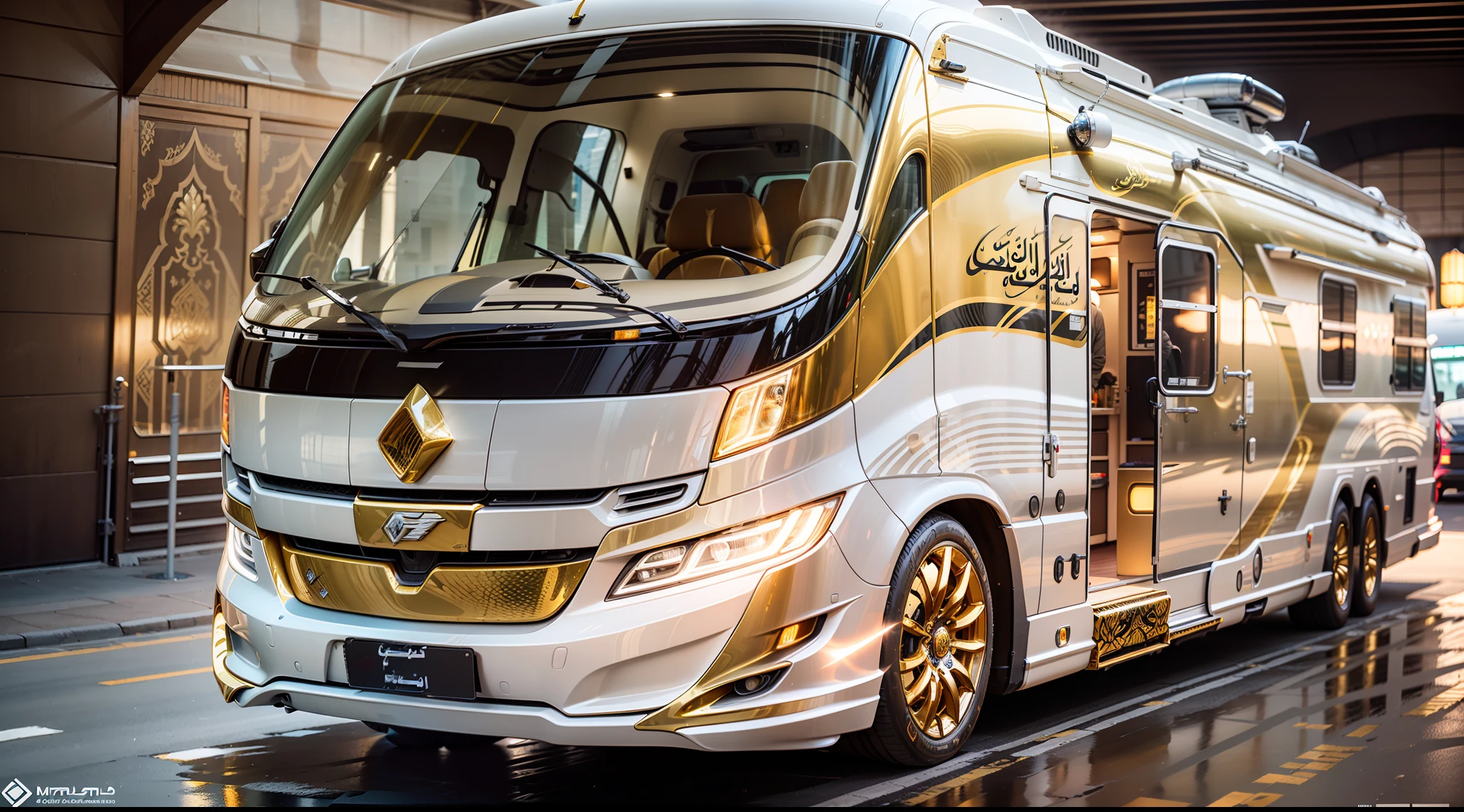 in a panoramic view,photorealestic,realisticlying,Large gold Arabian sci-fi luxury motorhome . A sci-fi fusion of the Super Arabian luxury motorhome,The entire body is covered with gold trim,inlaid gemstones,Arabic decorative motifs,A flat statue of a silver eagle adorns the front of the car,A large number of high-tech products,Streamlined,.The design is perfect, Combining high-tech and Arabian characteristics.The fuselage is streamlined, moving rapidly,The rear is slightly raised,Improve aerodynamic efficiency. . The body is dominated by gold, Bold, white and black. It may also have Arabic inscriptions on its body,More visible on the road。Under the light, It shows a more luxurious effect, Add a sense of technology to luxury motorhomes. . The background may be in the desert outside the future Arab megacities,Perfectcomposition,the detail,The light and shadow work best,HighestQuali,tmasterpiece