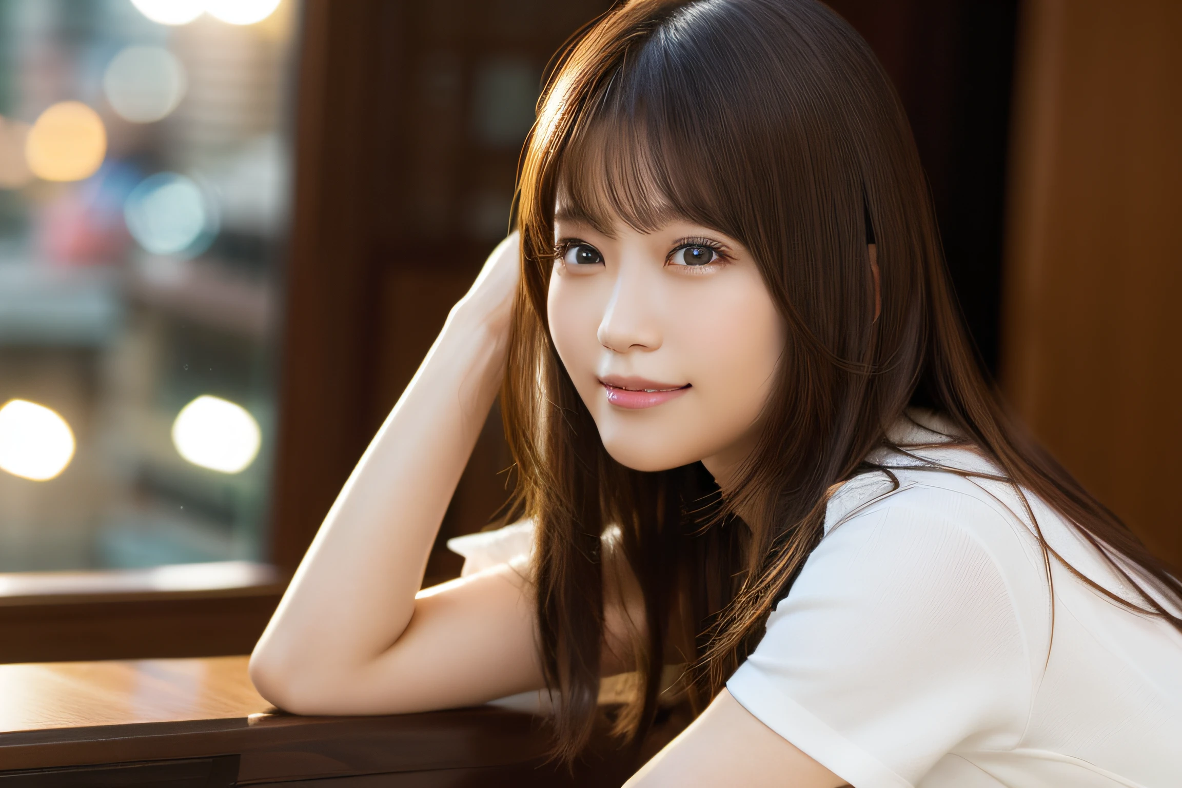 8K,Best Quality, 超A high resolution, (Photorealistic:1.4), Raw photo, (upper thigh, From Side:1.4), (Bokeh:1.4), (sit on a bench:0.8), (in a suite:1.6),window, 1日本人の女の子, Cute, (Solo:1.6), (Shy smile), (Brown eyes), Smooth skin, (Brown medium hair,Bangs), (touch hair:1.4),nogizaka,a park,Fashionable clothes