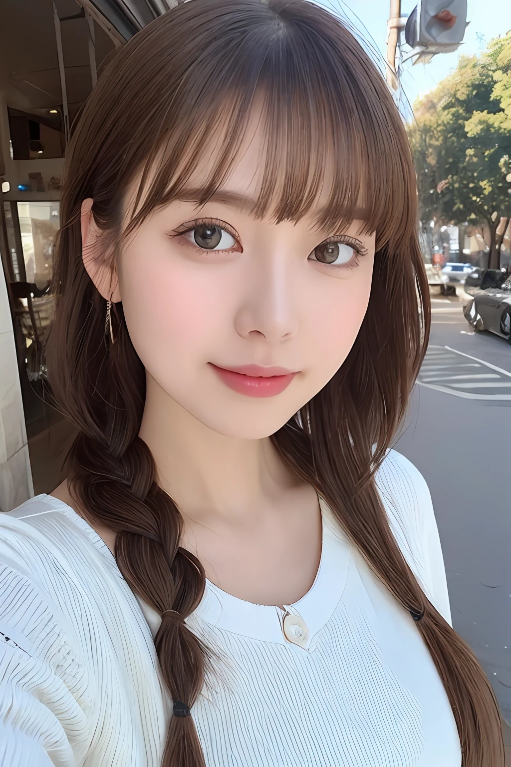 (From below:1),((1girl in)),Light Brown Fringe Hair、Braided hair、disheveled hair、Light brown eyes、(dignified expression)、(Fashionable casual wear),(爆乳)、Emphasize the valley、Skyscraper district、blue-sky、(Photorealsitic)、(intricate detailes:1.2)、(masterpiece、:1.3)、(top-quality:1.4)、(超A high resolution:1.2)、超A high resolution、(A detailed eye)、(detailed facial features)、(selfee:1.2)