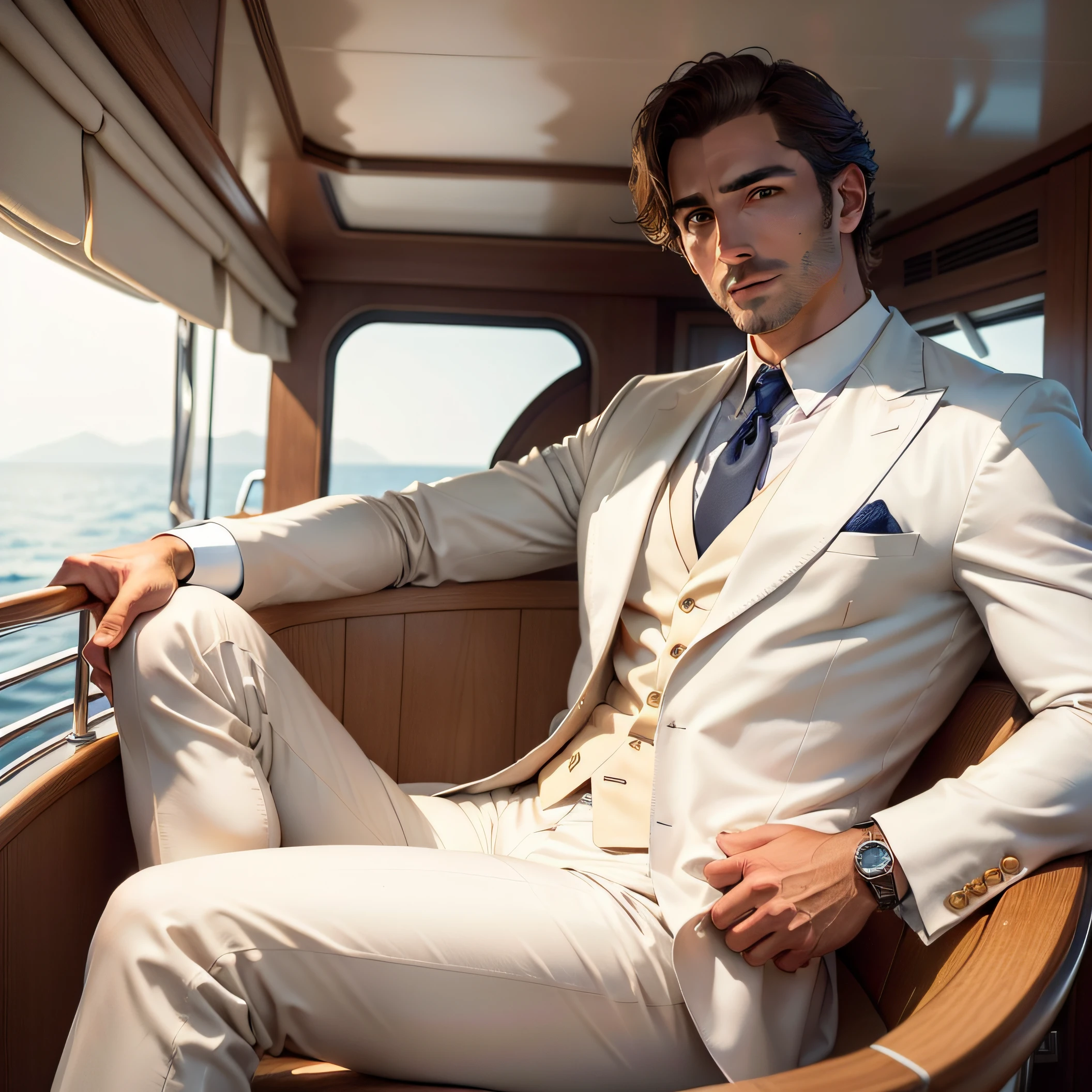 Spanish man in white suit sitting on a boat looking at the camera, 40 year old man on a sailboat, attractive man, wearing white suit, by Adam Dario Keel, on a yacht at sea, attractive male, on a super yacht, on a boat, brown hair and brown eyes, handsome male, holding mobile phone