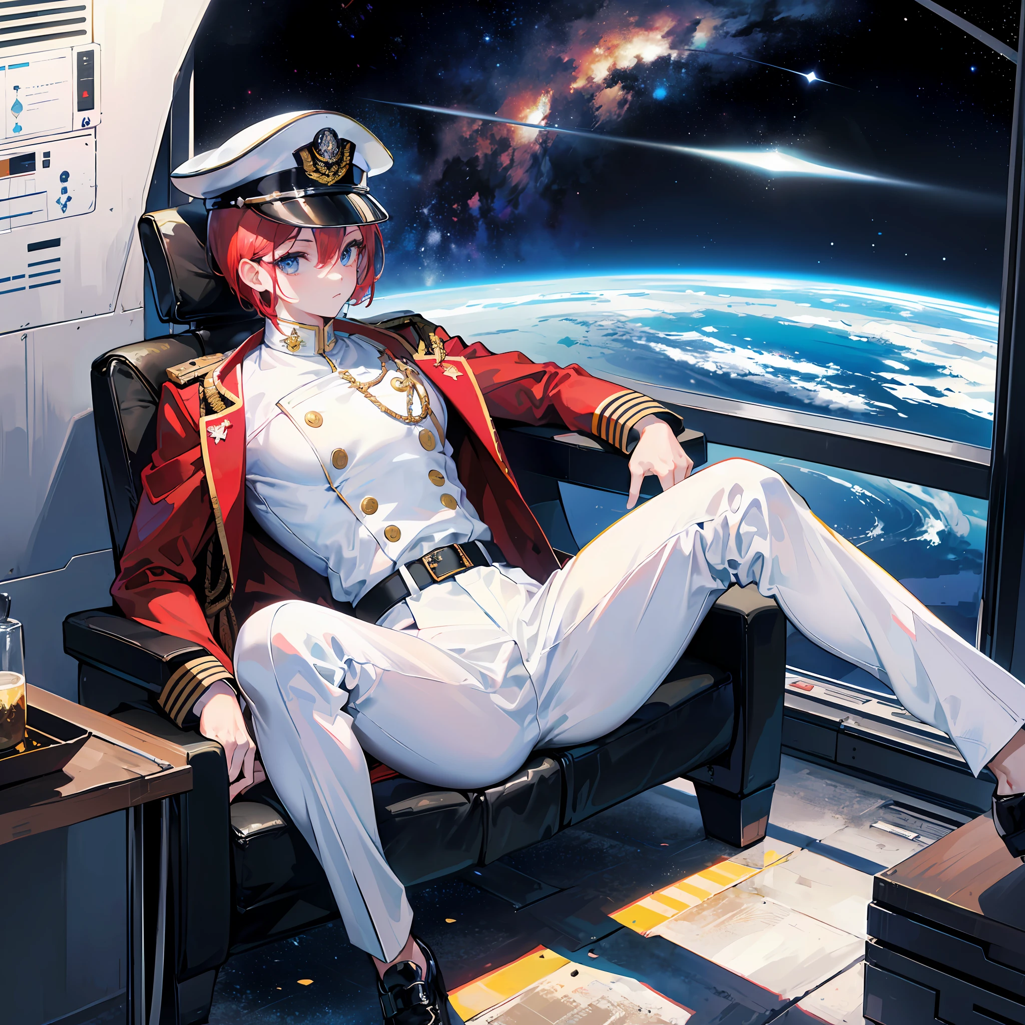 ((Masterpiece)), ((Highest Image Quality)), ((Best Quality)), (Illustration of One Girl), Full Body, 25 Years Old, Short Red Hair, (Thin Hair on Both Sides of Face), Blue Eyes, (((Tall)), ((Muscular Strong Body)), ((Manspreading)), Open Legs, (((Military Uniform)), (Military Hat)), (Military Coat)), (White Clothes), (White Pants), (White Hat), Trench Coat, ((Inside the spaceship, sitting in the captain's seat)), (outside the window, space, Earth seen from space, spaceport)