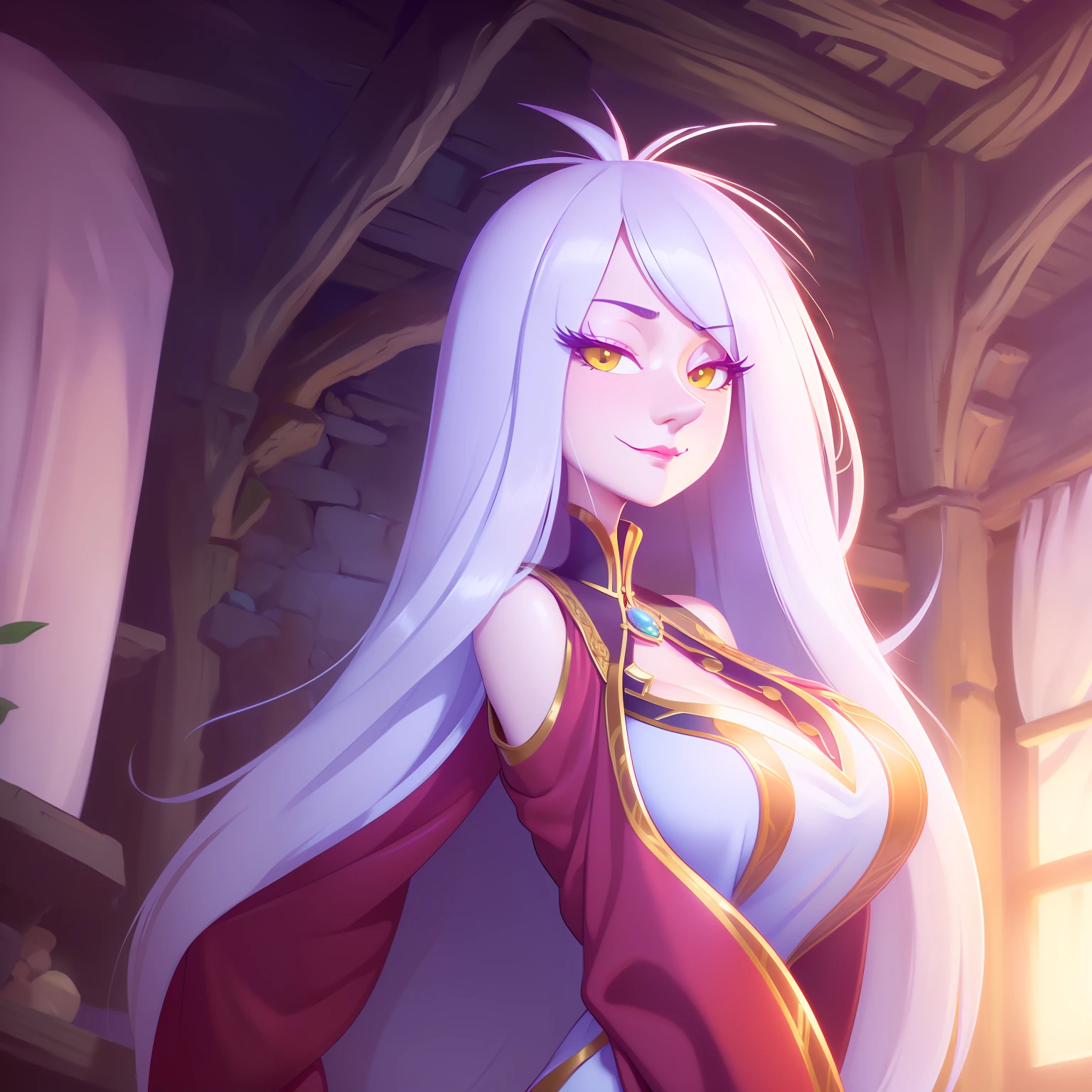 Kizi, Masterpiece, voluminetric lighting, (Extremely detailed CG:1.3), illustration, (bangs, Hair over eyes, Long bangs, Long hair, White hair:(1.2), 鎖骨, (Mature face:1.2), Good hands, Perfect hands,