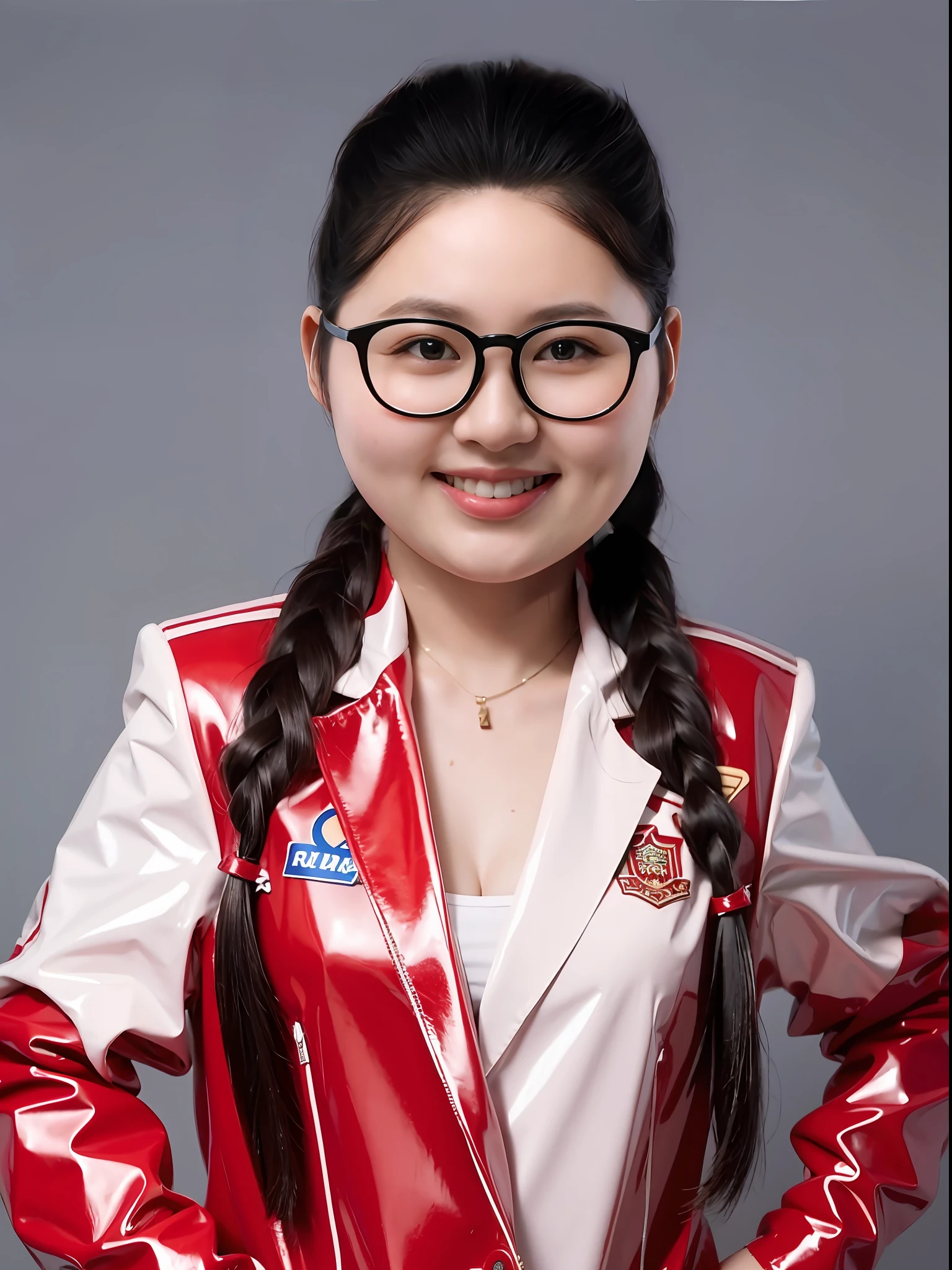 A Chinese high school girl,Wearing a red PVC blazer,Plump body shape,long braid