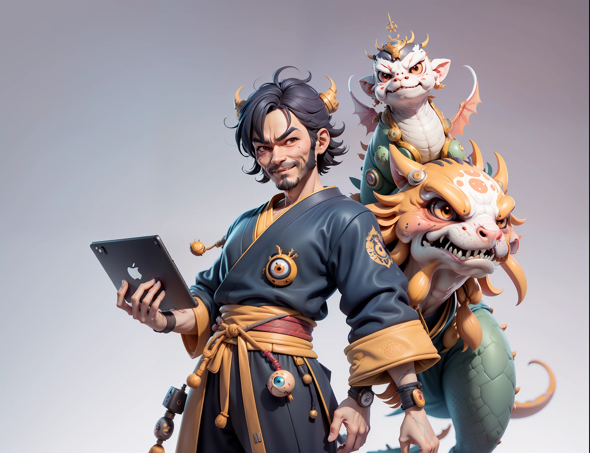 (Daisaku),(Need),(Super meticulous),(full bodyesbian:1.2),Japanese ukiyo-e girl,japanese geisha,Beautiful,Oriental dragon,Aeolian Thor,Raised sexy,爆乳,Oriental face,TV Anchor,Bust portrait illustration,Alone,In black suit,a blue tie,The face is slightly chubby,The face was clean,without a beard,Black super short hair,Black eyes,Smile confidently,3C computer sub-products,iPad, iphone,Digital painting,3D character design by Mark Clairen and Pixar and Hayao Miyazaki and Akira Toriyama,The illustration is a high-definition illustration in 4K resolution,With very detailed facial features and cartoon-style visuals。