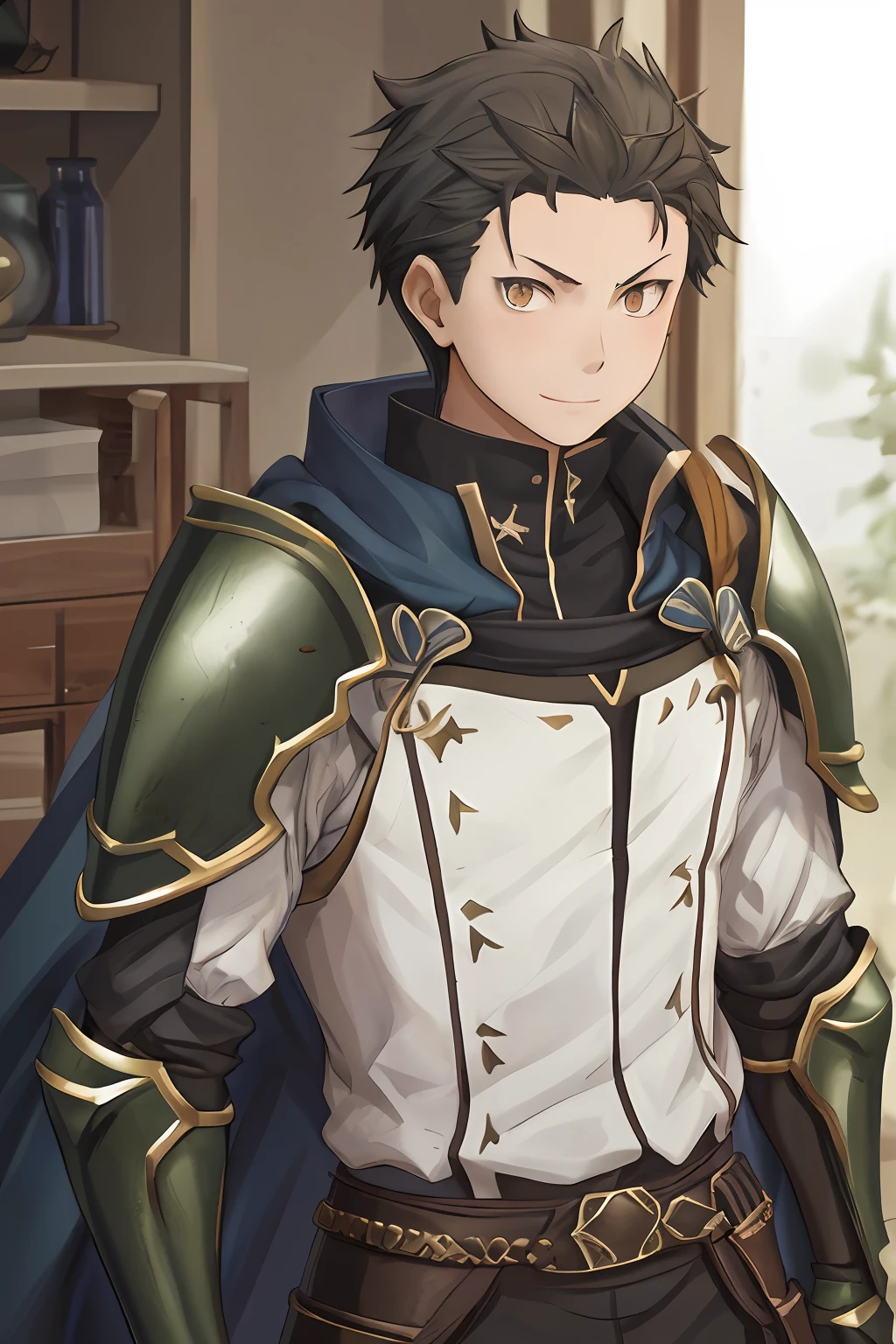 (1 Adult male),A high resolution, Sharp focus, Pixiv masterpiece, ((Complicated details)), highly detailed, natsuki_subaru, 1 man, ssmile,full bodyesbian, Black colored eyes(eyes glowing), with short black hair,Armour,cloaks,Shoulder armor,perspire,look from down