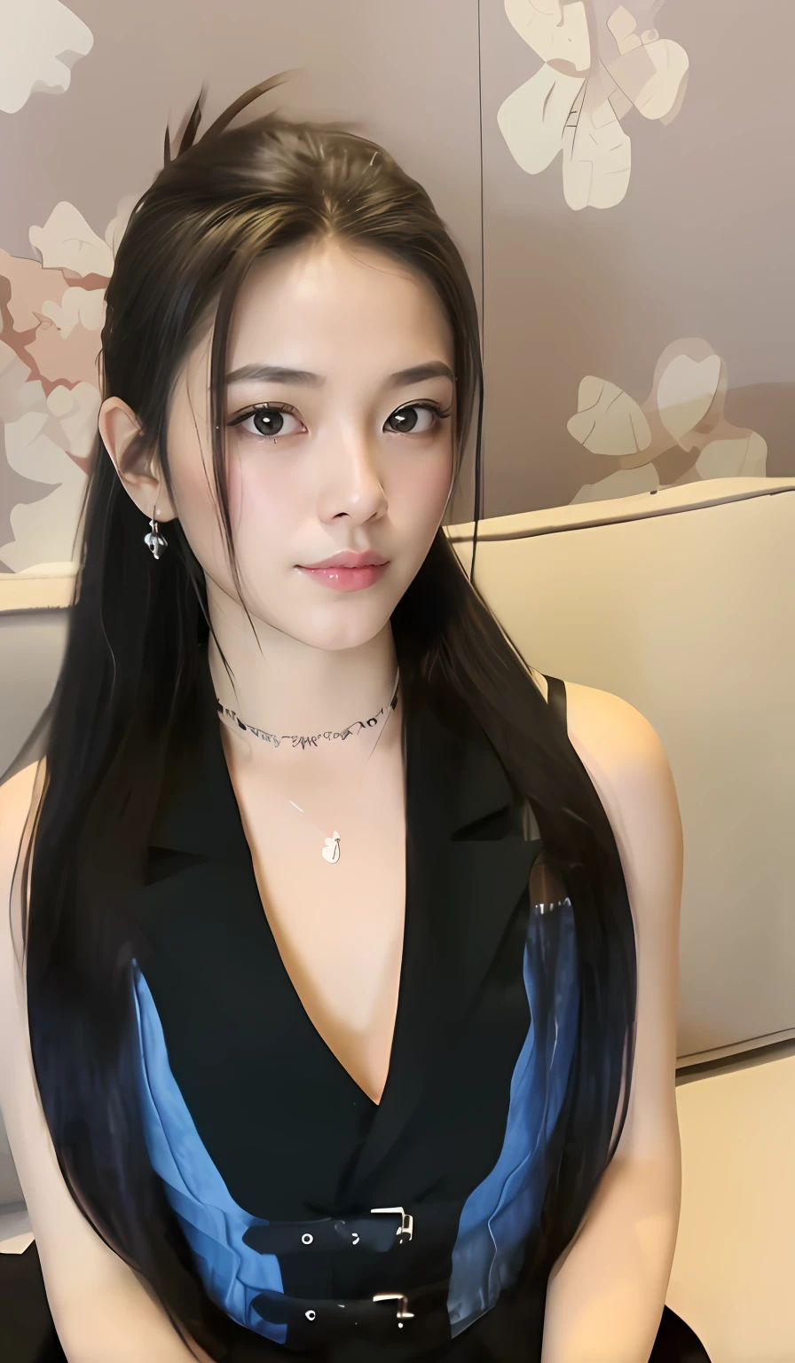 Close-up of a woman sitting on a sofa wearing a necklace, gorgeous chinese models, ruan jia beautiful!, xintong chen, young cute wan asian face, dilraba dilmurat, Gorgeous young Korean woman, Chinese girl, full-body xianxia, 19-year-old girl, she is about 20 years old