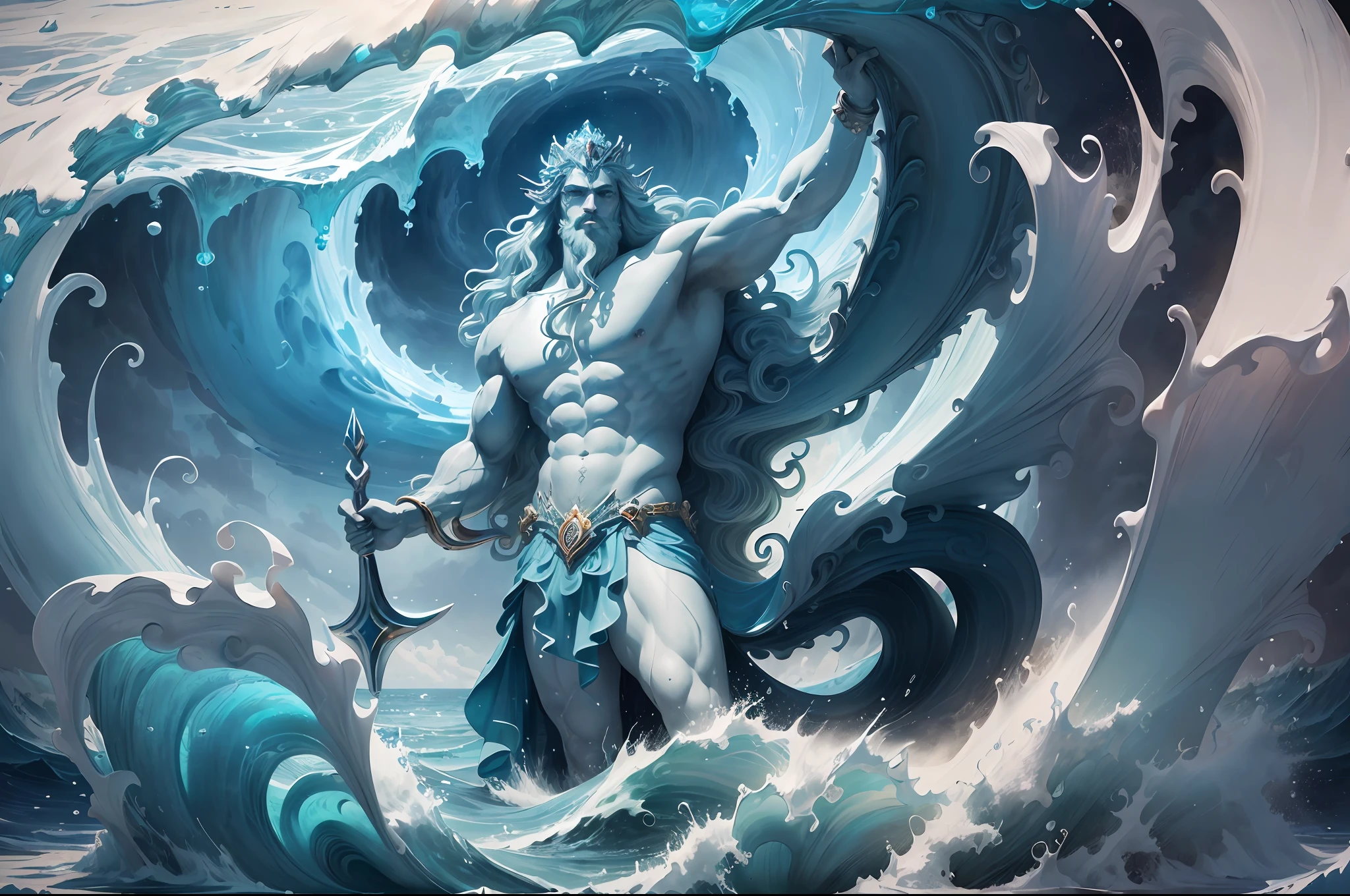 (Won Masterpiece, Best Quality), ((Poseidon, king of the sea, gracefully controls the huge cascading waves with his mighty trident)): 1.8, displaying his divine strength and mastery over the mighty ocean, full body, raw photo