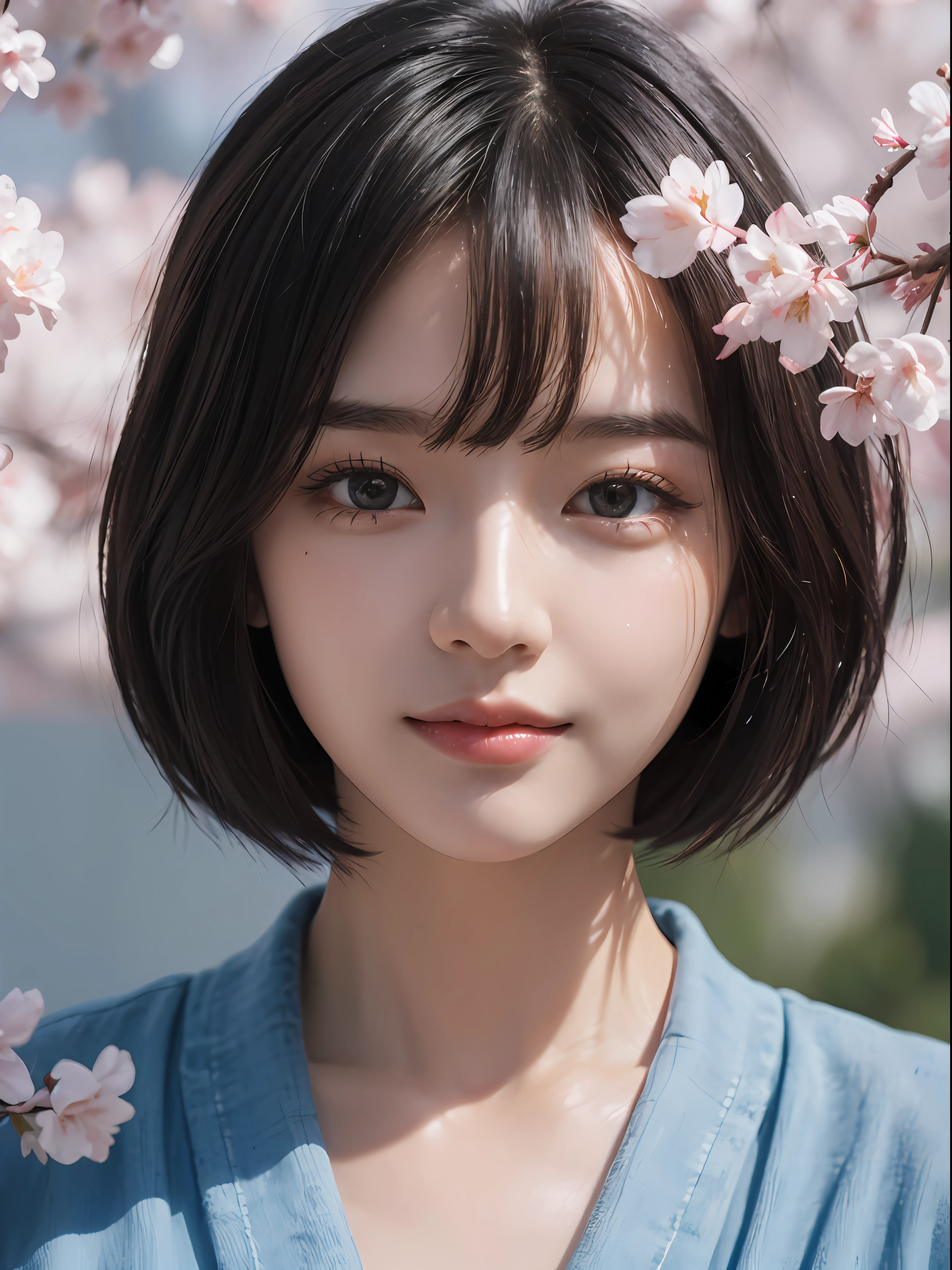 masterpiece、The highest image quality、hightquality、Beautuful Women、japanes、Popular Korean Makeup、detaileds、Swollen eyes、A detailed eye、Detailed skin、Beautiful skins、超A high resolution、(Realistis:1.4)、very extremely beautiful、Slightly younger face、Beautiful skins、thin-waist、(A hyper-realistic)、(illustratio)、(hight resolution)、(8K)、(ighly detailed)(The best illustrations)、(beautifully detailed eyes)、(ultra-detailliert)、(详细的脸)、looking at the viewers、fine detailed、 A detailed face、pureerosfaceace_v1、A smile、Looking straight ahead、photos realistic、Bright lighting、profetional lighting、Colorful Hair Color、(((very_Short_hair)))、Bright park、cherryblossom、The cherry blossom trees are in full bloom