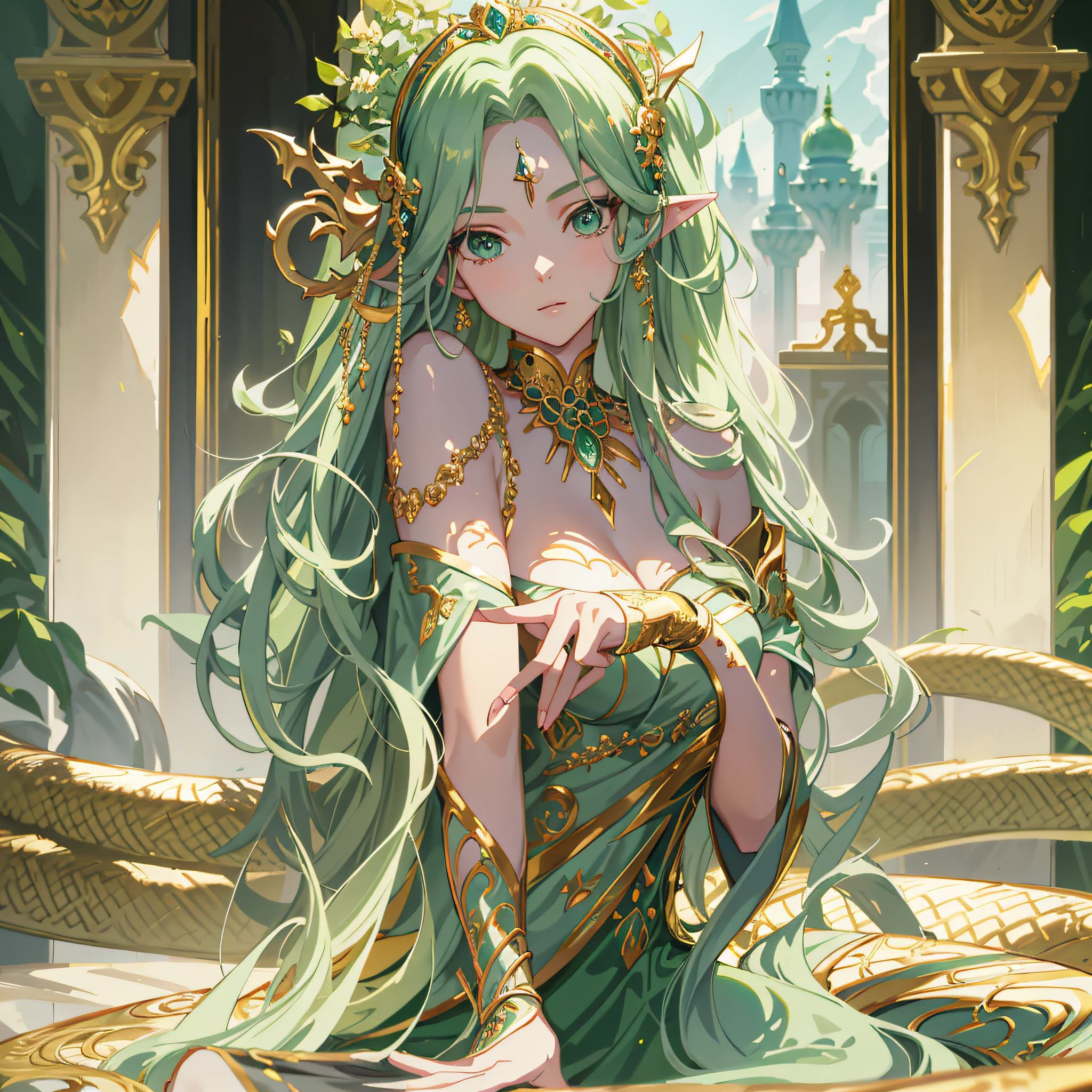 Anime - Stylistic image of a woman sitting on a throne in a green dress, ((a beautiful fantasy empress)), a beautiful fantasy empress, Anime goddess, Fantasy art style, beautiful and elegant elf queen, Anime fantasy illustration, trending on artstation pixiv, Detailed digital anime art, beautiful female gorgon, Beautiful goddess, Anime fantasy artwork, portrait of a beautiful goddess