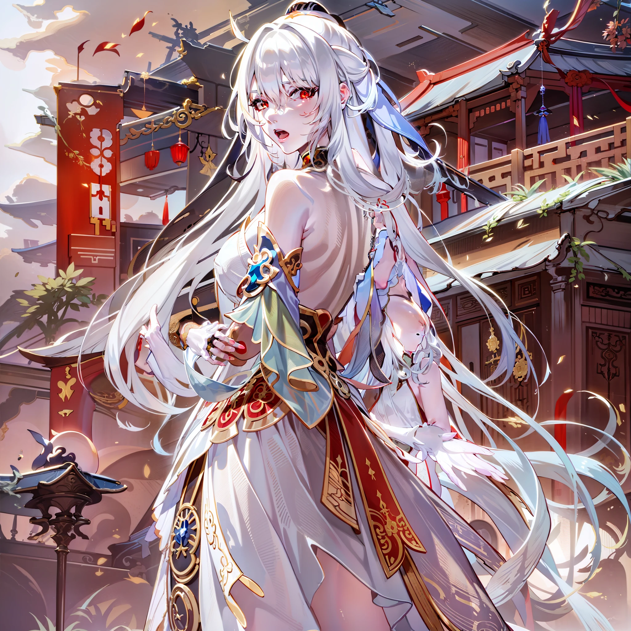 jingliuV4,Unbeatable masterpiece, extraordinary, Incredible, Exquisite, Perfect artwork, perfect women figure, Perfect anatomy, Unique, red color eyes,long white hair,arm behind back,China-style,small town