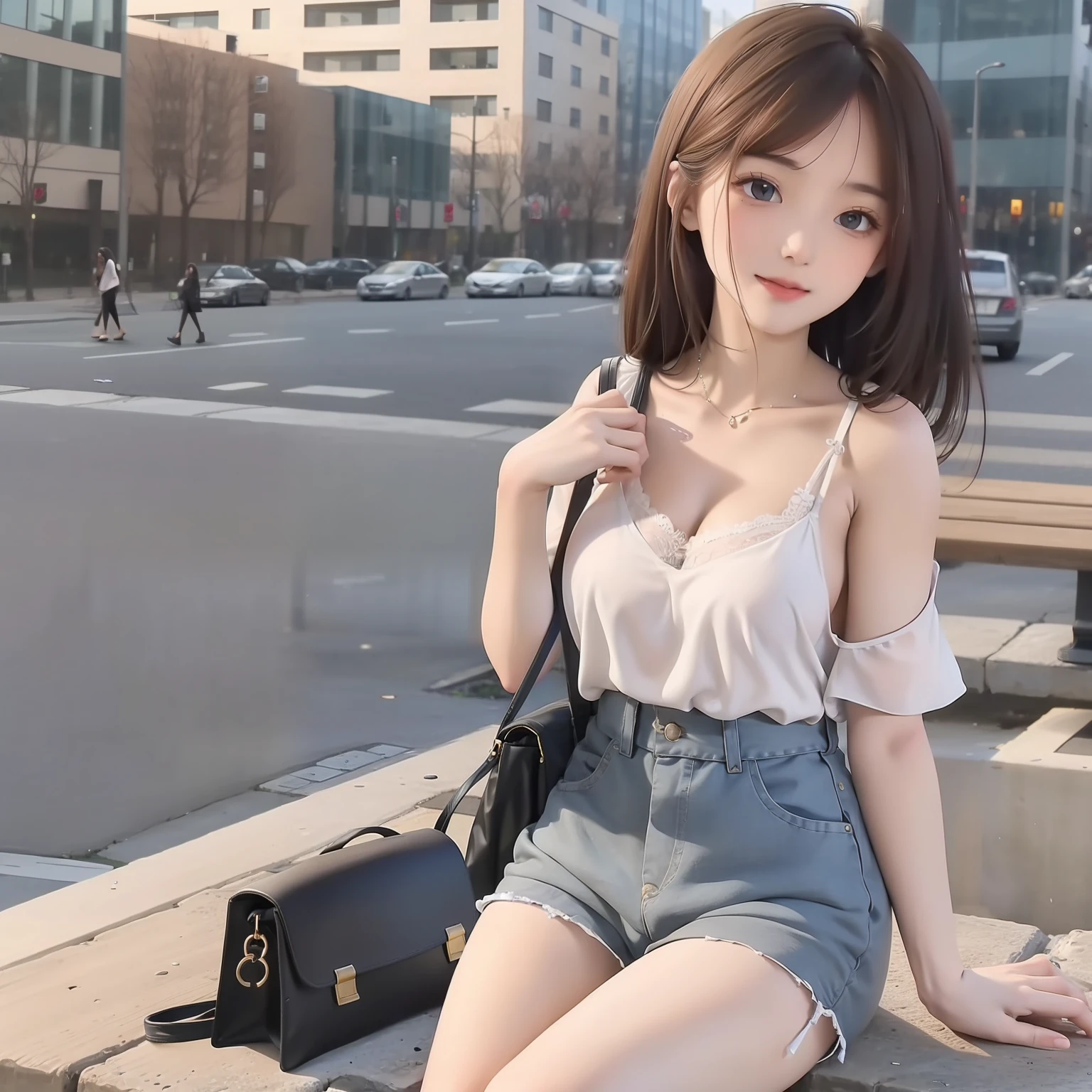 Arab woman sitting on a stone bench with purse, photo of slim girl model, 2263539546], sakimichan, reluvy5213, photo of slim girl, Open V chest clothes, F-cup，Bigchest，trending at cgstation, big breasts beautiful，white ultra short pants，tit