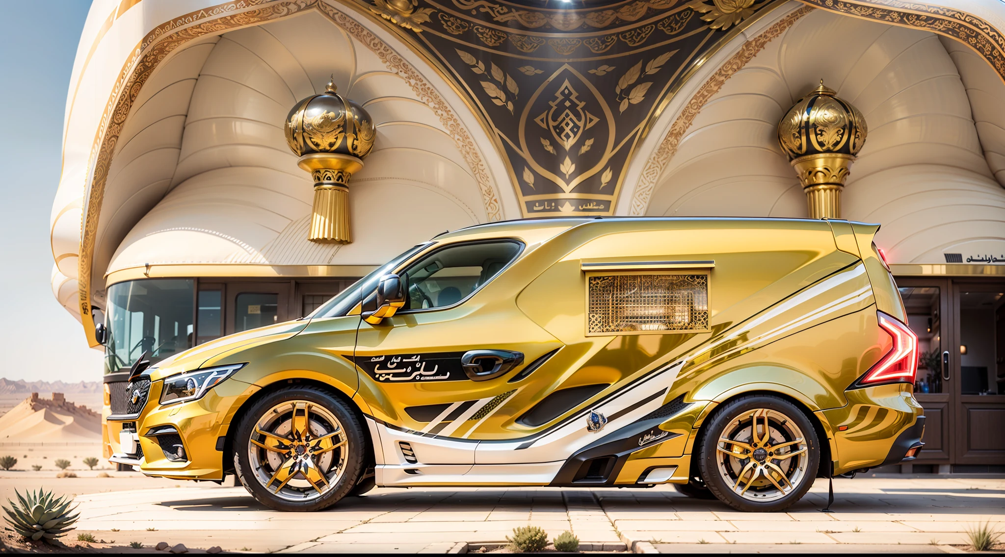 in a panoramic view,photorealestic,realisticlying,Large golden Arabian sci-fi luxury motorhome . A sci-fi fusion of the Super Arabian luxury motorhome,The entire body is covered with gold trim,inlaid gemstones,Arabic decorative motifs,A flat statue of a silver eagle adorns the front of the car,A large number of high-tech products,The body is streamlined,.The design is perfect, Combining high-tech and Arabian characteristics.The fuselage is streamlined, moving rapidly,The rear is slightly raised,Improve aerodynamic efficiency. . The body is dominated by gold, Bold, white and black. It may also have Arabic inscriptions on its body,More visible on the road。Under the light, It shows a more luxurious effect, Add a sense of technology to luxury motorhomes. . The background may be in the desert outside the future Arab megacities,Perfectcomposition,the detail,The light and shadow work best,HighestQuali,tmasterpiece