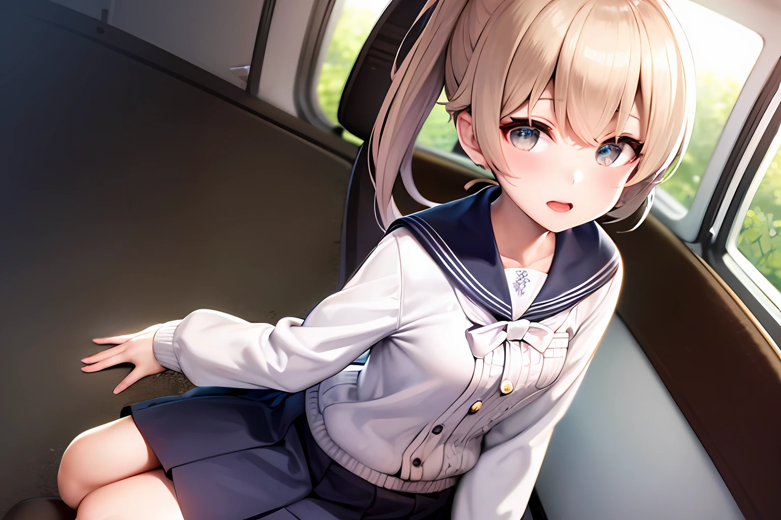 High ponytail Wear school uniform Sit on the seat side face