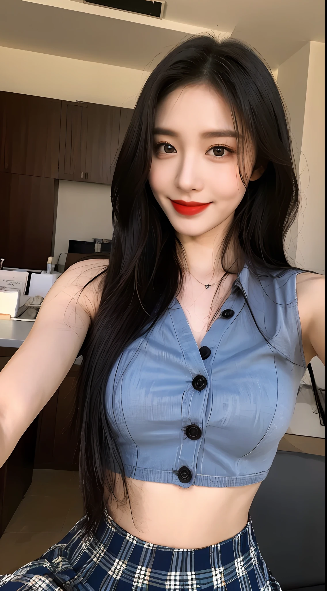high detal,8K分辨率,超高分辨率,Best image quality,a beauty girl,lipsticks,Love pupils,Peerless beauty,Messy black straight hair,shoulder-length short hair,(Coiled hair)Smooth hair,Intense and beautiful makeup,Exquisite and perfect facial features,the most beautiful big eyes,Be red in the face,Sweet smile,(Wearing a blue lace shirt with buttons,tiese ,Plaid pleated skirt)Open navel,Thin waist,(Full breasts)Get close to the viewer,dynamic angle,Extreme picture quality,Highest accuracy