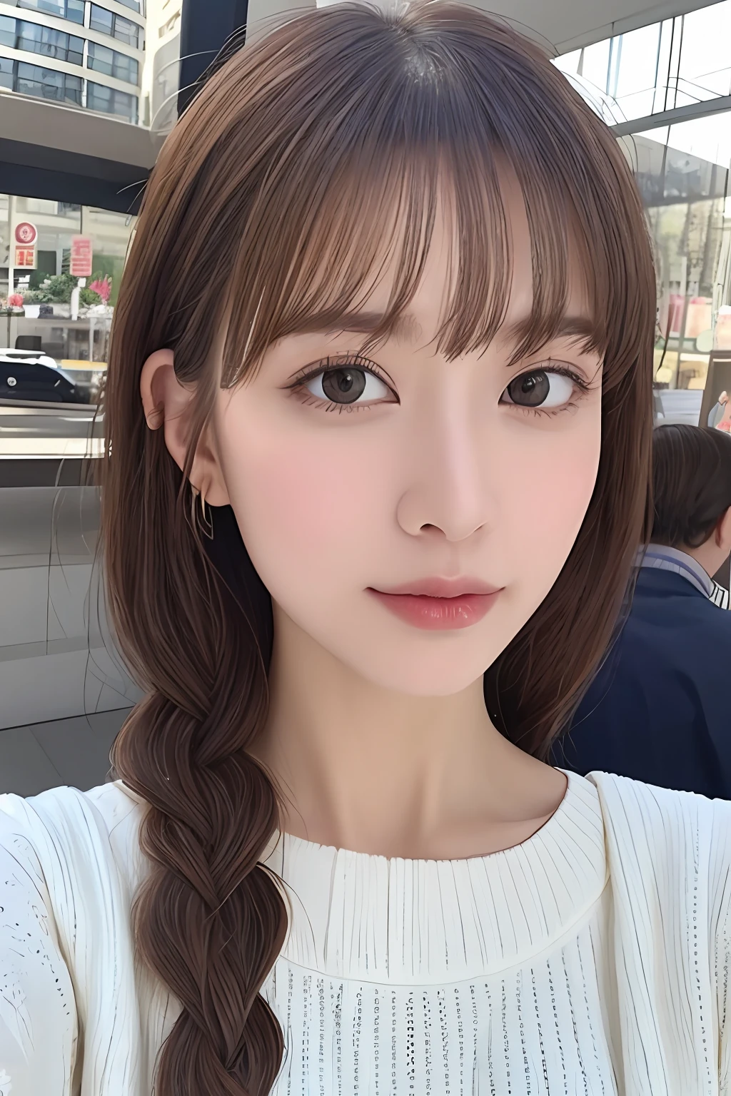 (From below:1),((1girl in)),Light Brown Fringe Hair、Braided hair、disheveled hair、Light brown eyes、(dignified expression)、(Fashionable casual wear),(爆乳)、Emphasize the valley、Skyscraper District、blue-sky、(Photorealsitic)、(intricate detailes:1.2)、(masterpiece、:1.3)、(top-quality:1.4)、(超A high resolution:1.2)、超A high resolution、(A detailed eye)、(detailed facial features)、(selfee:1.2)