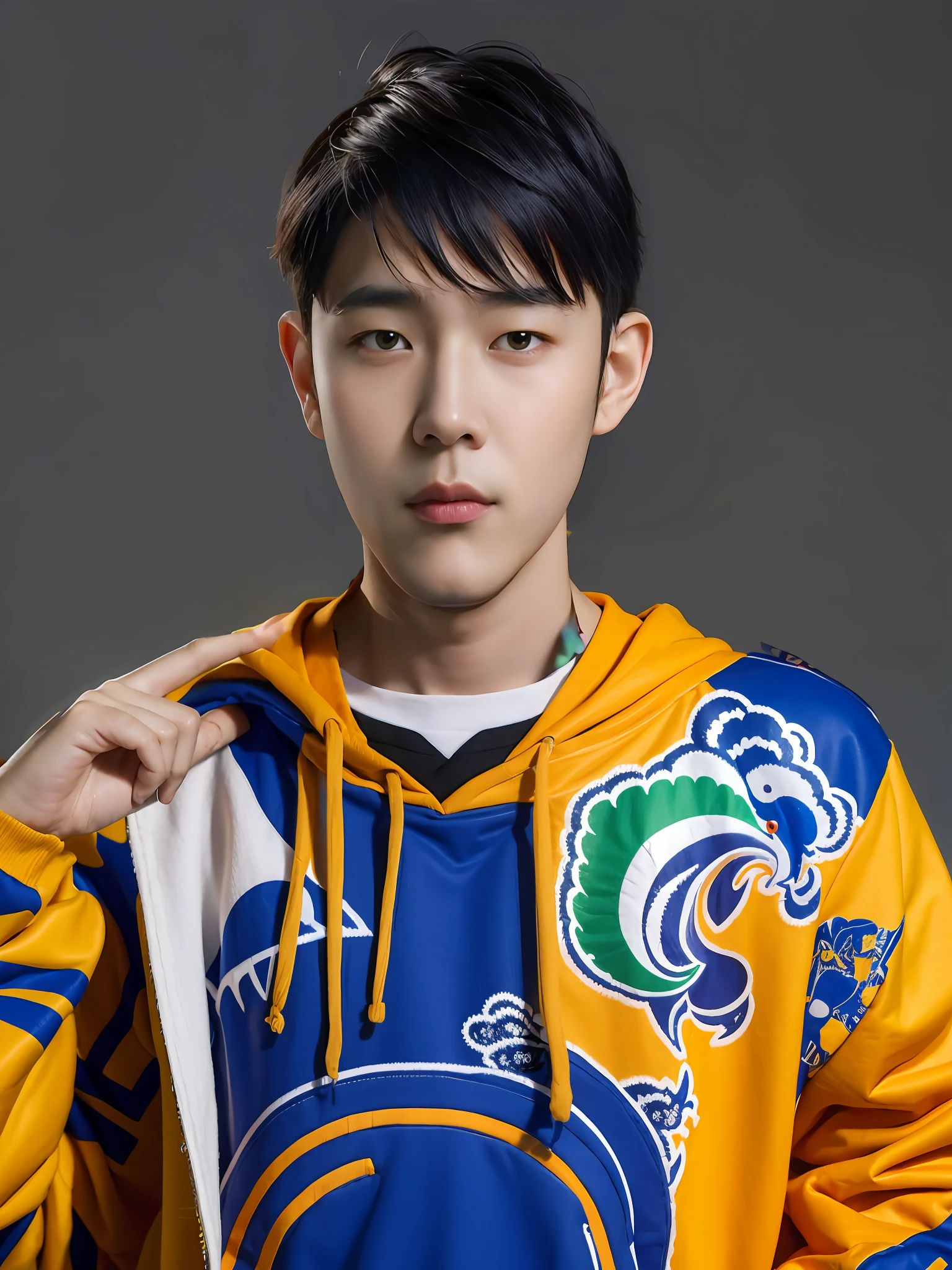 Chinese male high school student，Wear a colorful casual sweatshirt，wearing hat，