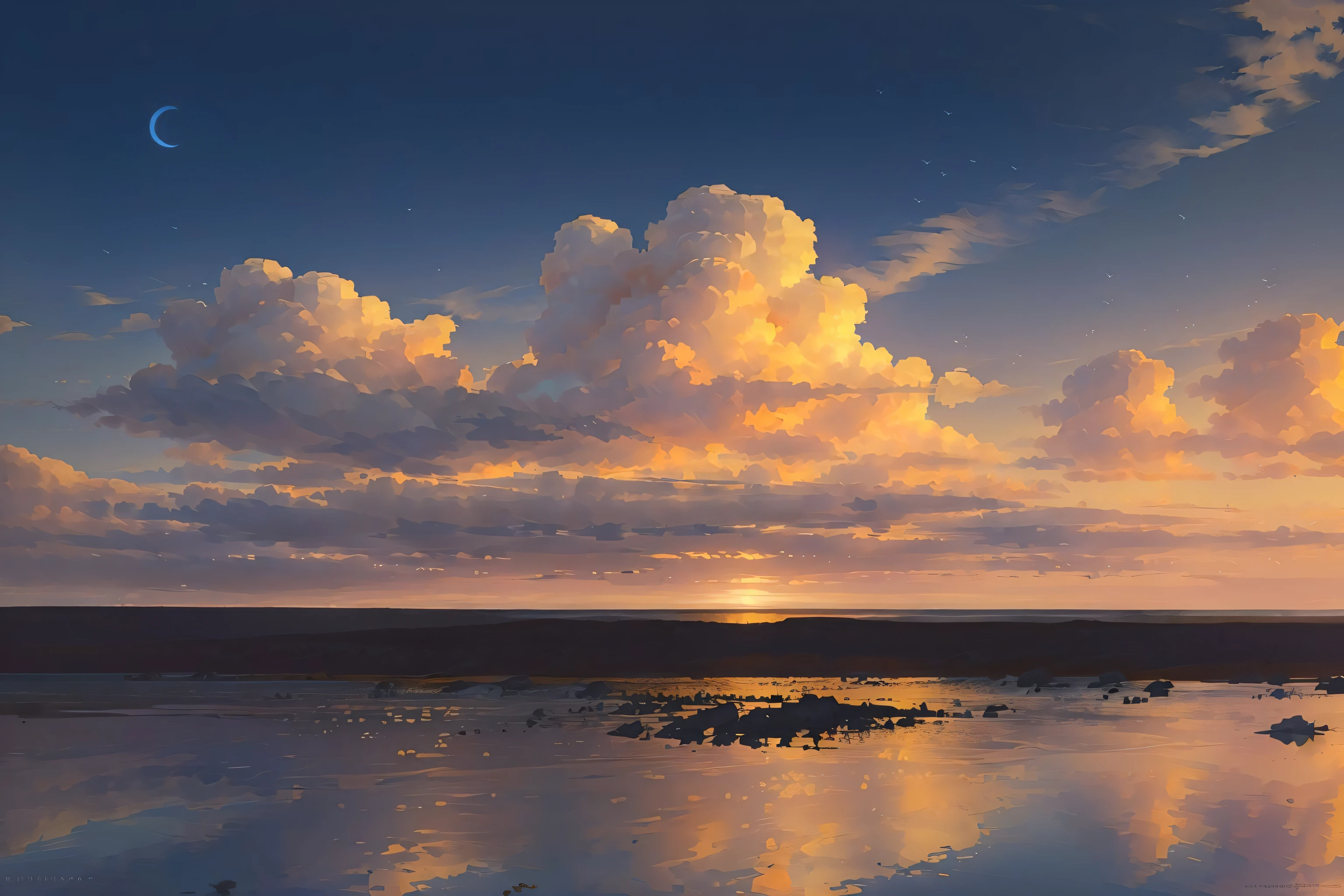 (best quality, masterpiece),  sky, cloud,  no humans, bird, wide shot, perspective, moon, official art, wallpaper,8k,highres, sunset, star,(masterpiece, best quality, high quality, highres, ultra-detailed), sea,painting by sargent and rhads and leyendecker and greg hildebrandt