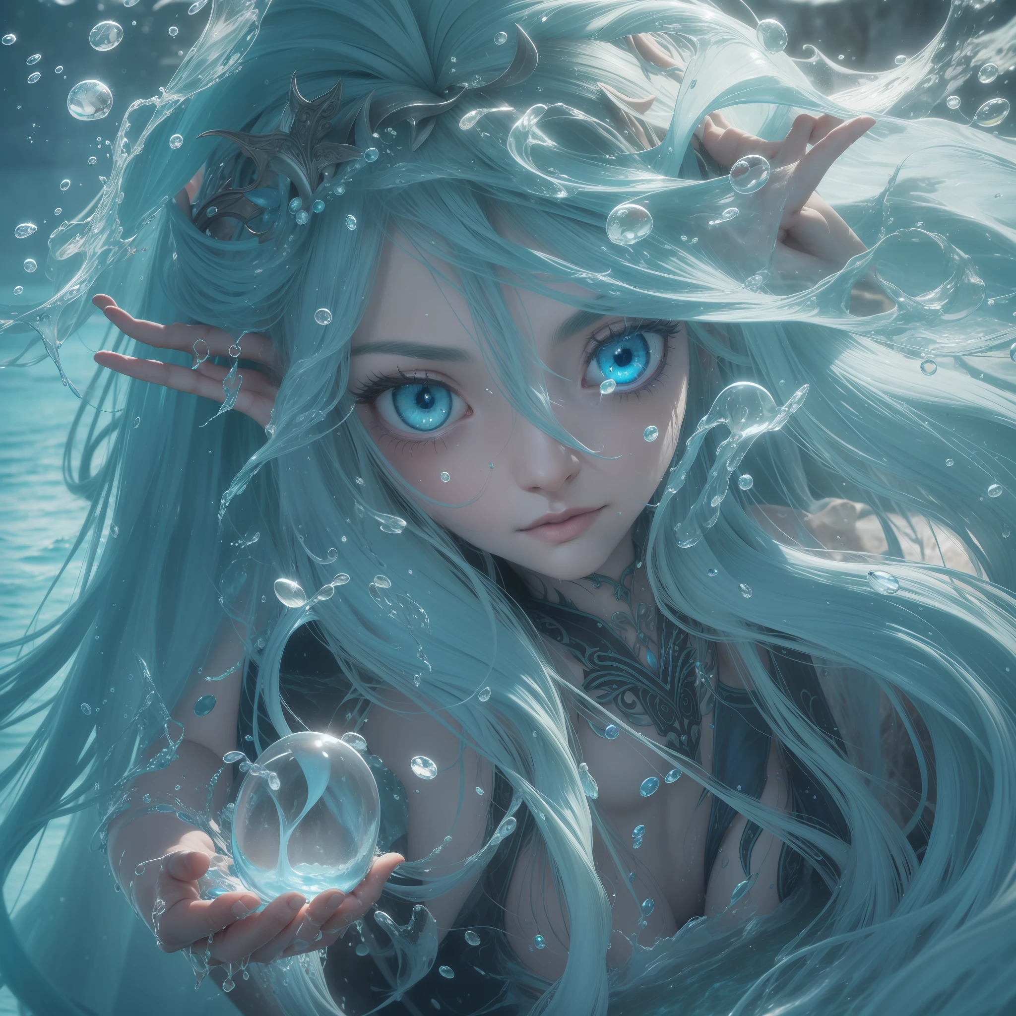 high details, best quality, 8k, [ultra detailed], masterpiece, best quality, (extremely detailed), dynamic angle, ultra wide shot, RAW, photorealistic, fantasy art, dnd art, rpg art, realistic art, an ultra wide picture of a sea elf (1.5 intricate details, Masterpiece, best quality) water mage casting ((water control spell)), water wizard ((water magic,intense magic details)), ((controling a swirling mass of water)), manipulating water, magical symbols, female sea elf, blue skin, green hair, long hair, swirling hair, intense eyes,small pointed ears, ((blue eyes)), ((glowing eyes)), armed with magical wand, wearing sea shell clothing, beautiful elf, underwater background, rich underwater life, ((magical atmosphere)), fish and sea weeds, high details, best quality, highres, ultra wide angle