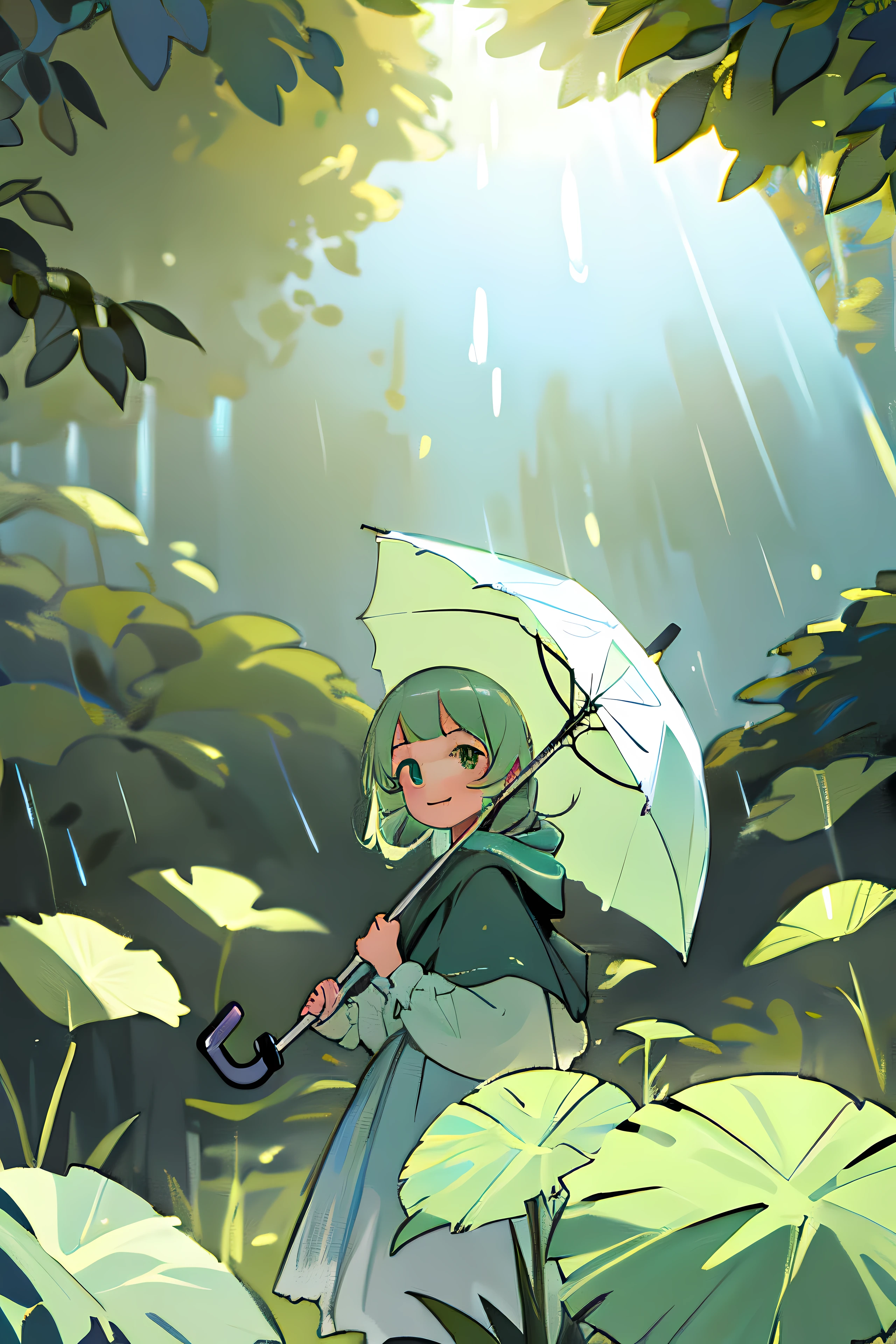 masterpiece,best quality,ultra detailed background,
BREAK
light colors,daylight,focus on girl,depth of field,translucent layers, Blending with Plants, fluid textures, subtle hues, organic forms, poetic atmosphere,
BREAK
Smiling little girl holding umbrella, severe rain,dynamic angle
BREAK
 Droste_Effect