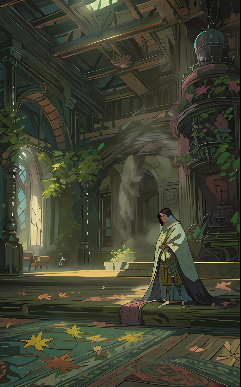 Computer-generated image, Location inside the Great Hall, wooden floor, Sword in the floor, In the center inside is a throne, A woman in a cloak near the throne, A bridge can be seen in the background, A huge room, Indoor peace, an intricate, Pattern, Realistic fantasy, 7K,A hyper-realistic, hyper-detailing, analog style, The wind whirls the leaves, The leaves are twisted into a spiral, The leaves fall off, , humble, An old cloak, detailed skin, Matte skin, soft-lighting, sub-surface Scattering, Realistic, Heavy shadow, Masterpiece, Best Quality, ultra realistis, 8K, the golden ratio, Intricate, high detail, Film photography, soft focus, BREAK , Illustrate a monochromatic world with the addition of green, Use only shades of black, White & gris, To convey depth, Emotions and striking visual impact. Landscapes."street fighter", in the style of 0MIB, many people, slums