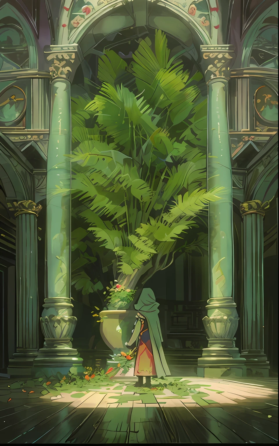 Computer-generated image, Location inside the Great Hall, wooden floor, Sword in the floor, In the center inside is a throne, A woman in a cloak near the throne, A bridge can be seen in the background, A huge room, Indoor peace, an intricate, Pattern, Realistic fantasy, 7K,A hyper-realistic, hyper-detailing, analog style, The wind whirls the leaves, The leaves are twisted into a spiral, The leaves fall off, , humble, An old cloak, detailed skin, Matte skin, soft-lighting, sub-surface Scattering, Realistic, Heavy shadow, Masterpiece, Best Quality, ultra realistis, 8K, the golden ratio, Intricate, high detail, Film photography, soft focus, BREAK , Illustrate a monochromatic world with the addition of green, Use only shades of black, White & gris, To convey depth, Emotions and striking visual impact. Landscapes."street fighter", in the style of 0MIB, many people, slums