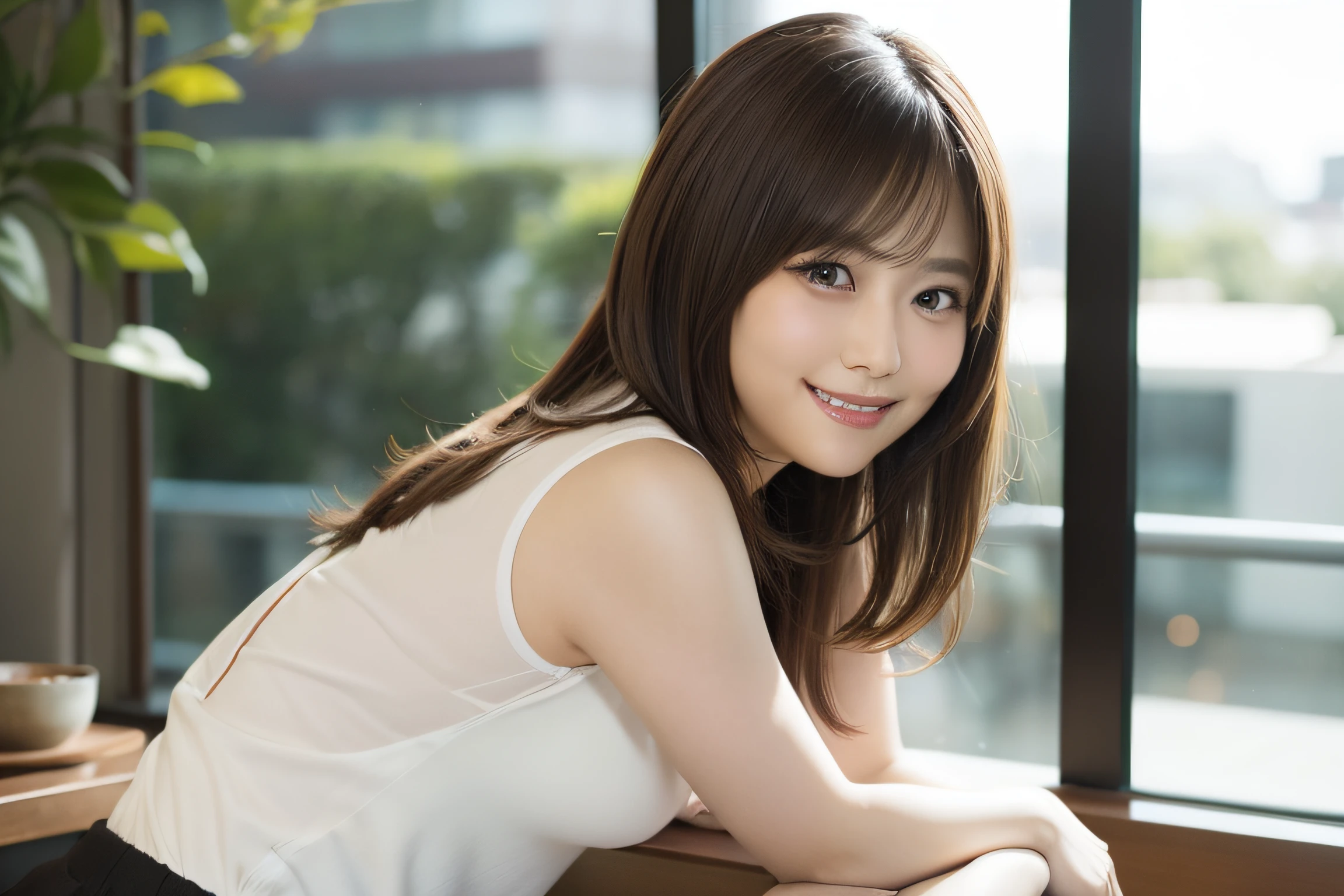 8K,Best Quality, 超A high resolution, (Photorealistic:1.4), Raw photo, (upper thigh, From Side:1.4), (Bokeh:1.4), (sit on a bench:0.8), (in a suite:1.6),window, 1日本人の女の子, Cute, (Solo:1.6), (Shy smile), (Brown eyes), Smooth skin, (Brown medium hair,Bangs), (touch hair:1.4),nogizaka,a park,Fashionable clothes