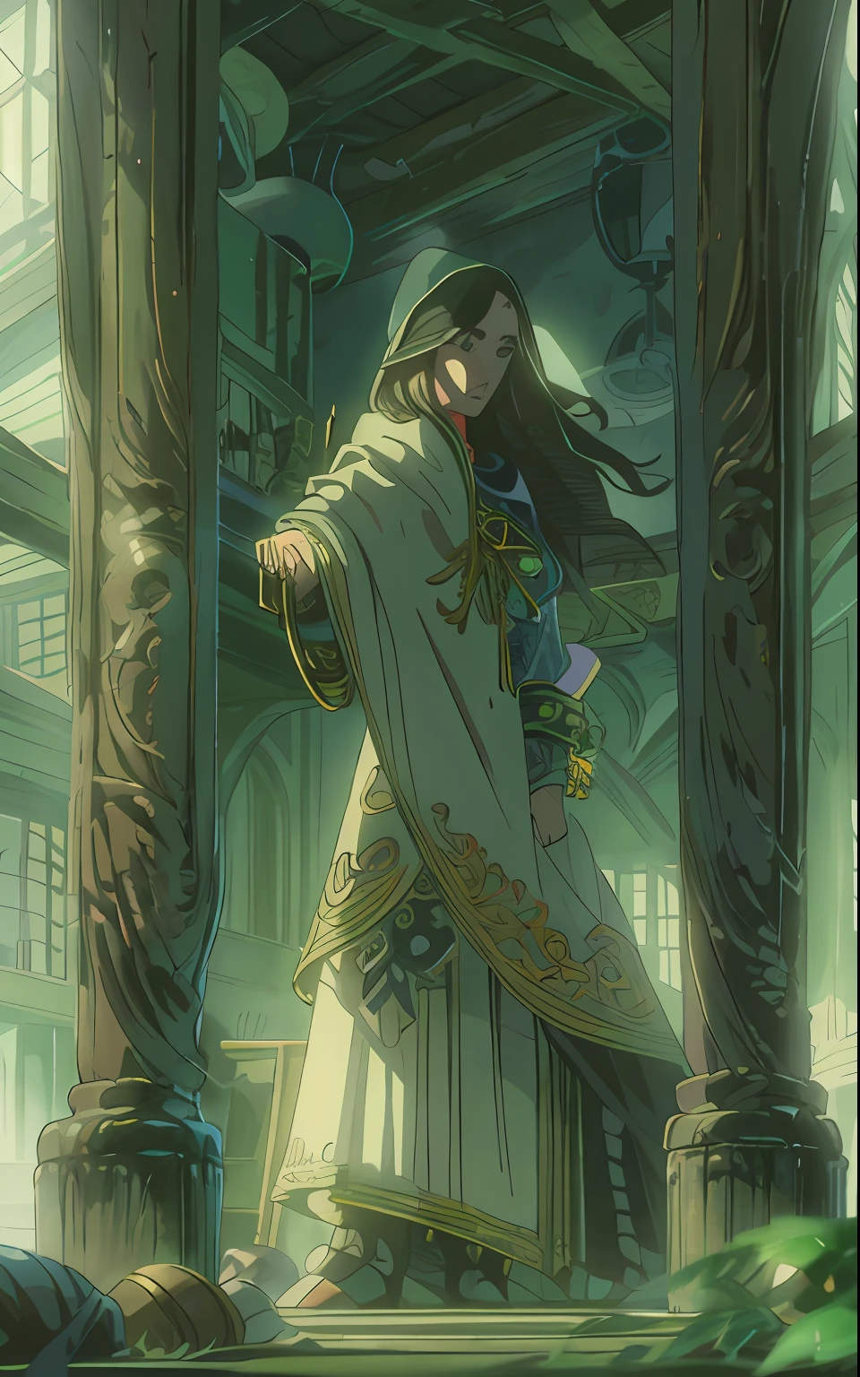 Computer-generated image, Location inside the Great Hall, wooden floor, Sword in the floor, In the center inside is a throne,  A woman in a cloak near the throne, A bridge can be seen in the background, A huge room, Indoor peace, an intricate, Pattern, Realistic fantasy, 7K,A hyper-realistic, hyper-detailing, analog style, The wind whirls the leaves, The leaves are twisted into a spiral, The leaves fall off, , humble, An old cloak, detailed skin, Matte skin, soft-lighting, sub-surface Scattering, Realistic, Heavy shadow, Masterpiece, Best Quality, ultra realistis, 8K, the golden ratio, Intricate, high detail, Film photography, soft focus, BREAK , Illustrate a monochromatic world with the addition of green, Use only shades of black, White & gris, To convey depth, Emotions and striking visual impact. Landscapes."street fighter", in the style of 0MIB, many people, slums