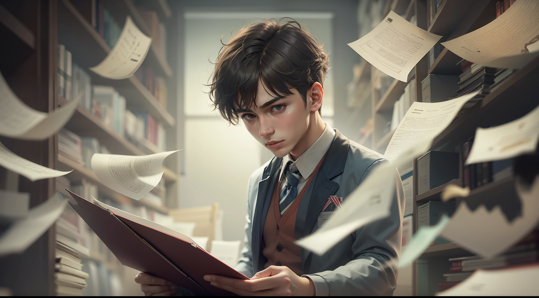 Young male reporter Letter Looking at the letter Mystery Atmosphere eerie Tension Background reporter's study