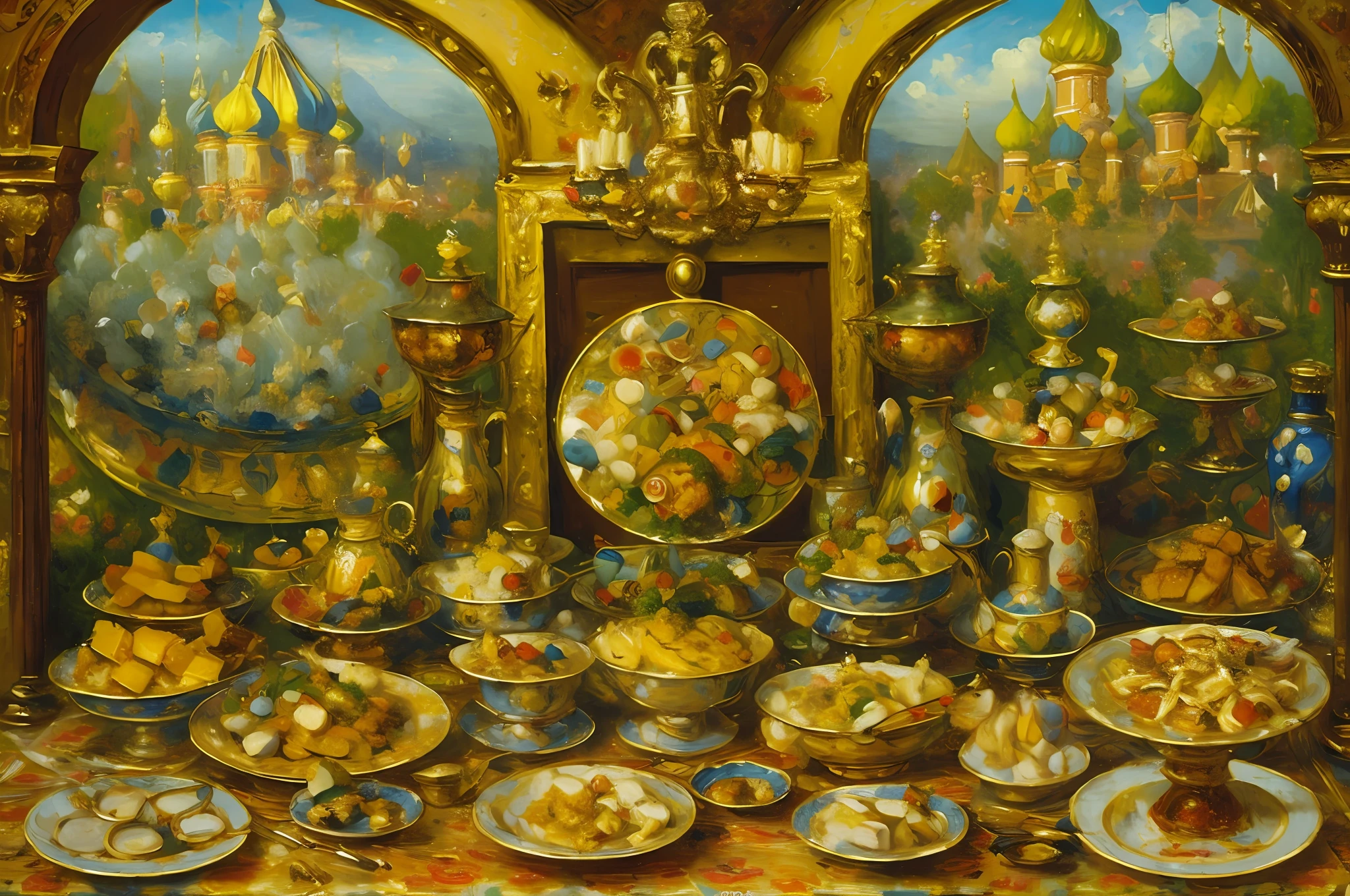 Painting a table with a lot of food on it, based on Konstantin Makovsky, Style by Alexander Trufanov, based on Nikolai Nikanorovich Dubovsky, based on Alexander Ivanovich Laktionov, Ivan, Russian Impressionism, inspired by Nikolay Makovsky, Vladimir Borovikovsky, alexander abdulov, Painting of Orientalism
