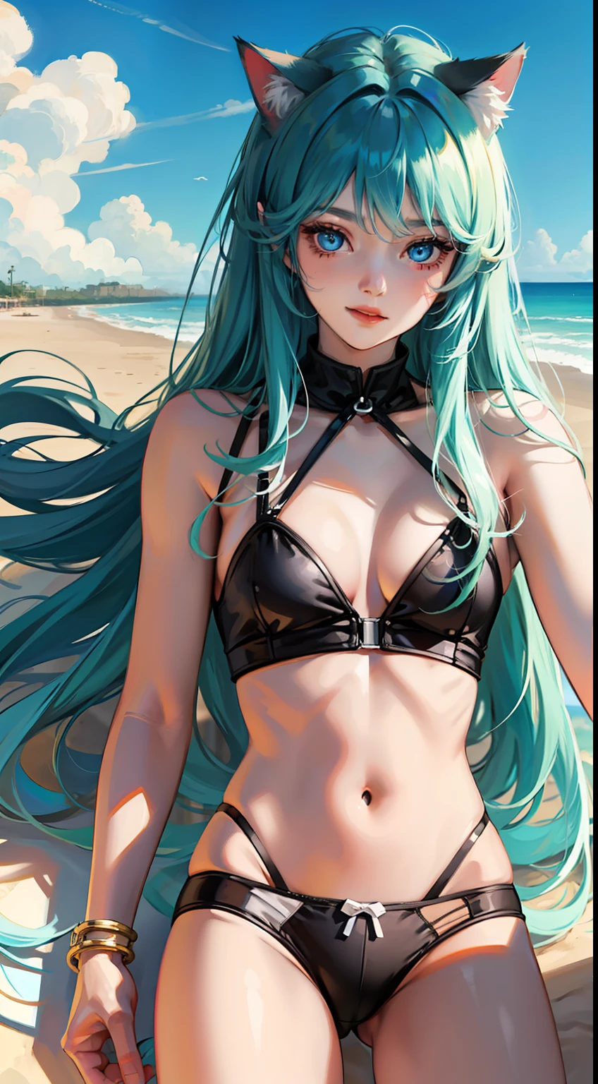 young boy, Long aquamarine hair, cat ears, blue eyes, ssmile, open body, underpants, Beach, Masterpiece, hiquality