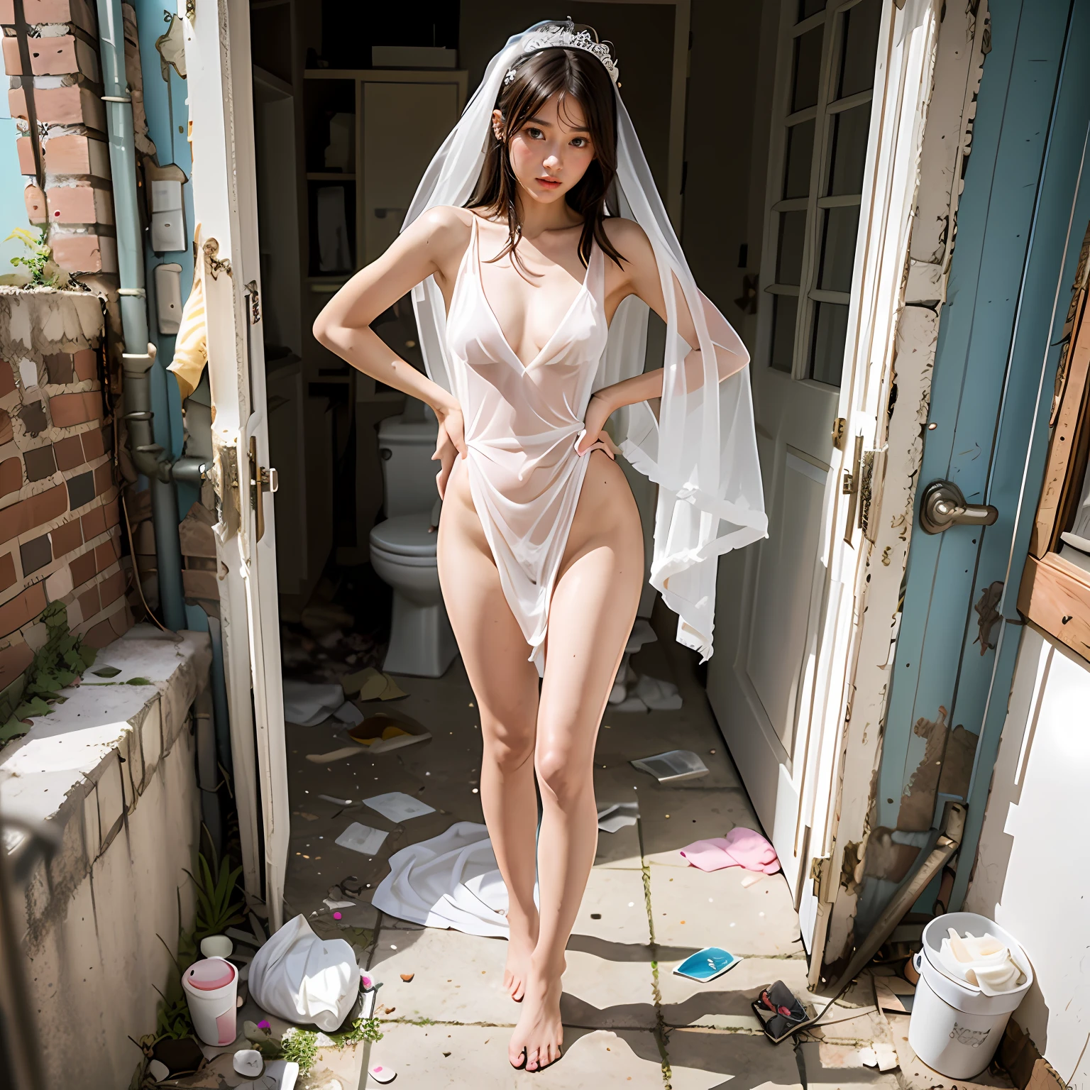 abandoned toilet，White transparent silk tight wedding dress，Very few clothes，Extreme exhibitionism，Sexy standing pose，Garbage all over the ground，grimy，Dilapidated，Devastated，best qualtiy，full-body portraits（1：1），delicated face，18 years old girls，lean and slender body，Skinny，Smaller bust，The barefoot，junk，Leaky ，Leaking the genitals，Naked all over the body，face to the viewer，Nude 1.1