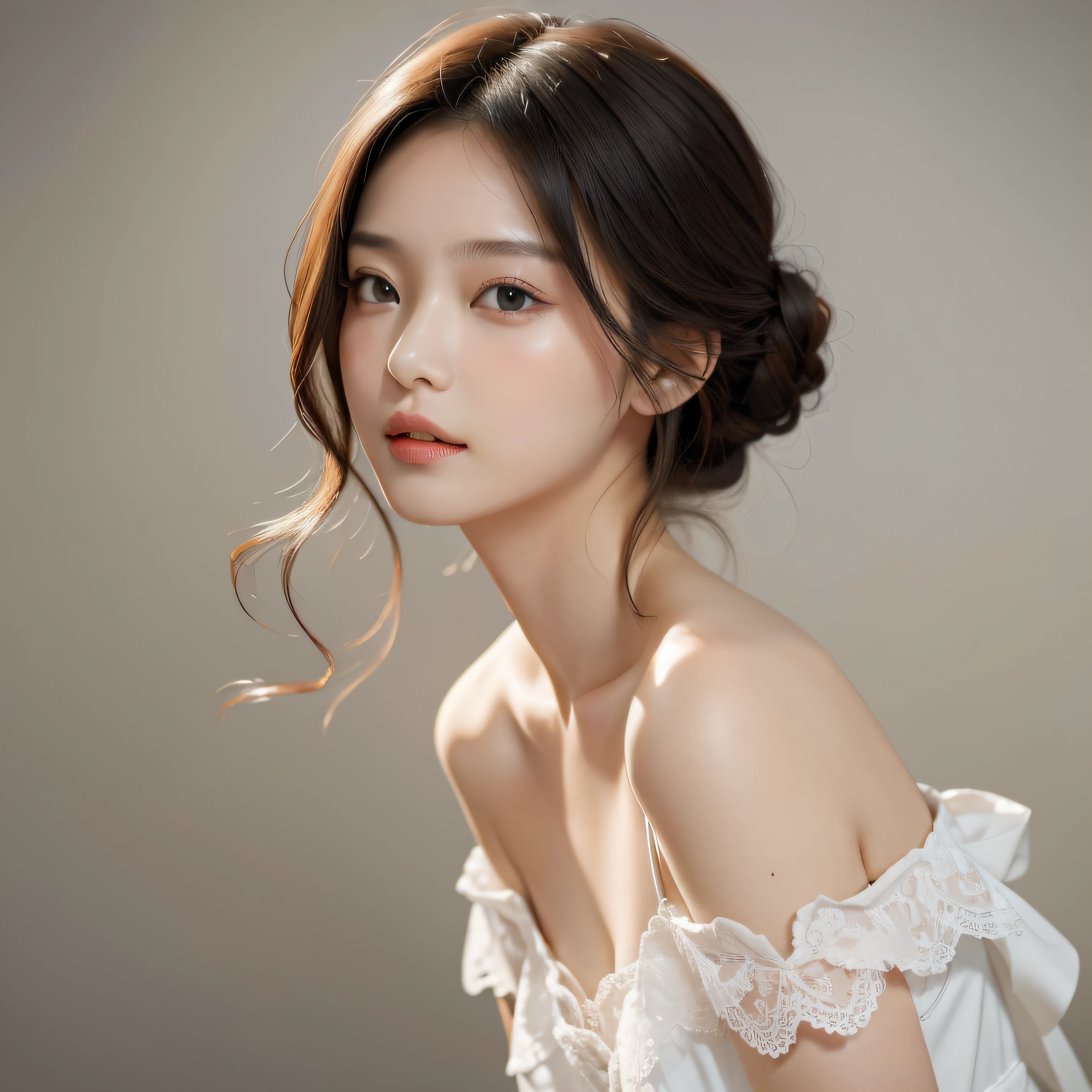 Beautuful Women,best qualtiy,tmasterpiece,超高分辨率,(真实感:1.4),1girl,cropped shoulders,White background,low tune