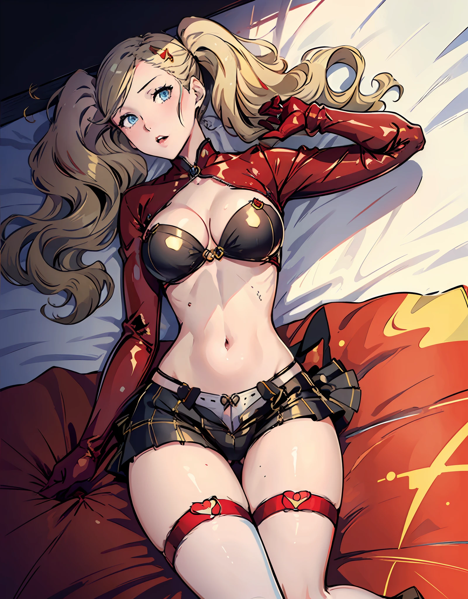 (masterpiece, best quality), beautiful girl, Ann Takamaki from "persona 5", lying down, (detailed beautiful eyes) underwear, full body shot, long blonde hair, twintails, pigtails, blue eyes, visible bellybutton