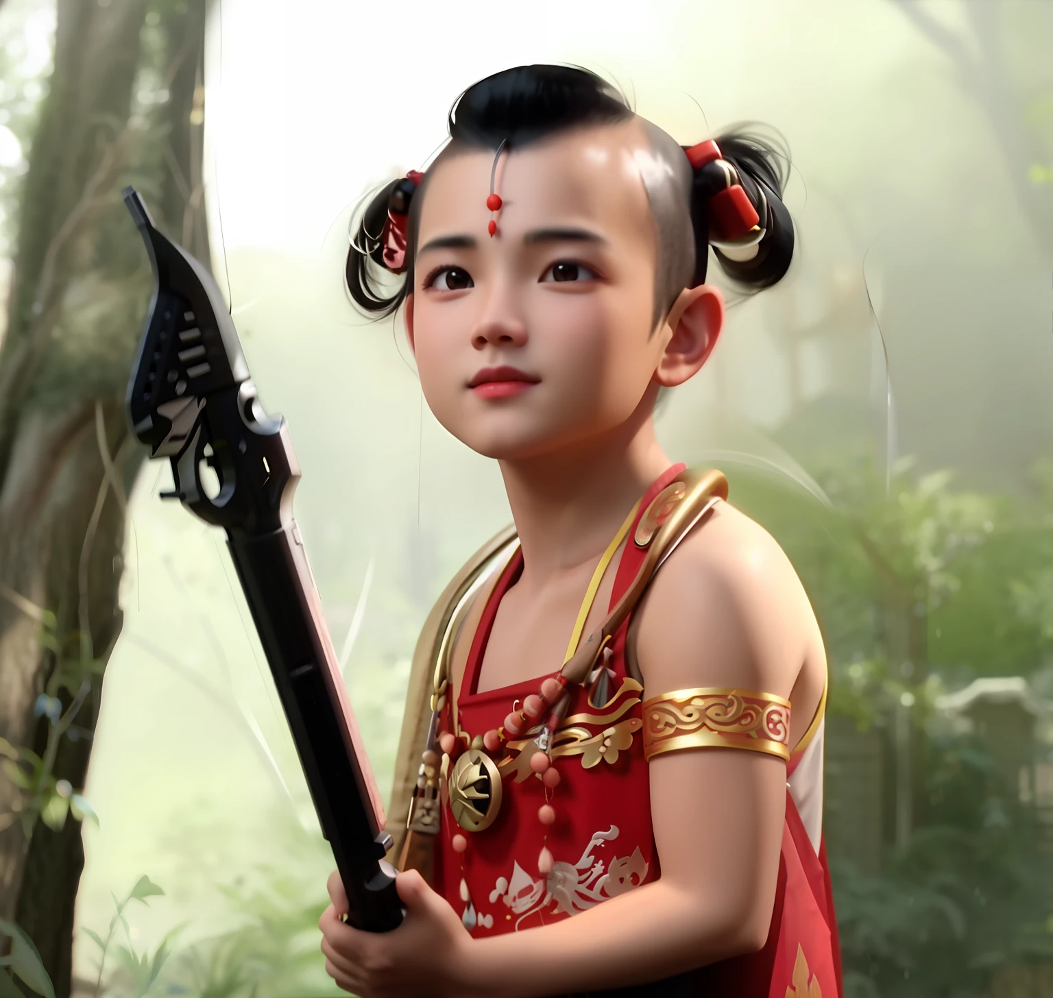 There is a little bald monk,A with a big nose, The age is about 3 years old, ir on temple, detailed face of a asian boy, Inspired by Red Son,Child holding a gun in a forest with trees, tai costume, nivanh chanthara, Young Zhang Weijian,, from ramayan, Wielding a gun with a handle gun, fantasy movie still, ayan nag, The Red Child in Chinese mythology,No hair,Picture ratio 9:16,