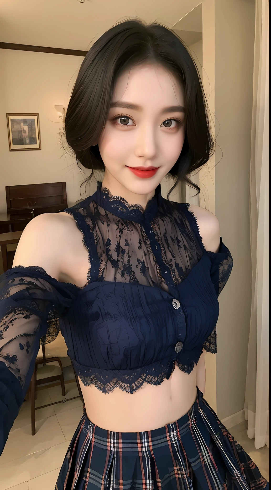 high detal，8K分辨率，超高分辨率，Best image quality，a beauty girl，lipsticks，Love pupils，Peerless beauty，Messy black straight hair，shoulder-length short hair，（Coiled hair）Smooth hair，Intense and beautiful makeup，Exquisite and perfect facial features，the most beautiful big eyes，Be red in the face，Sweet smile，（Wearing a blue lace shirt with buttons，tiese ，Plaid pleated skirt）Open navel，Thin waist，（Full breasts）Get close to the viewer，dynamic angle，Extreme picture quality，Highest accuracy