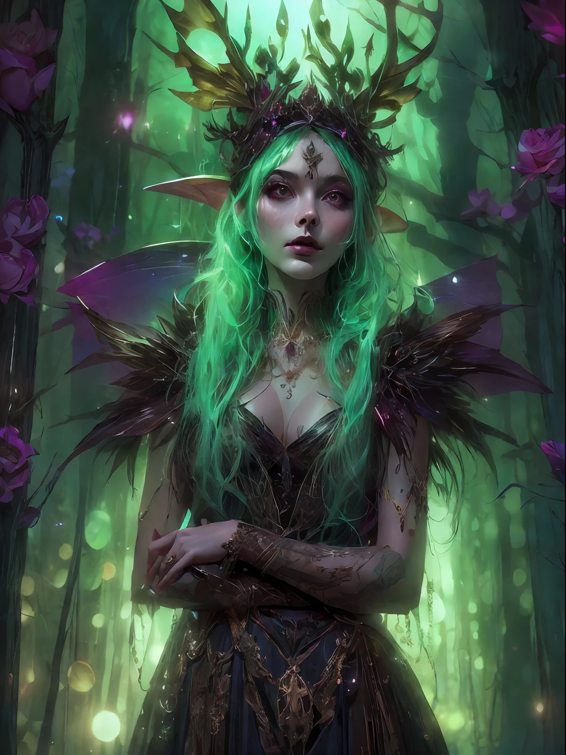 HighestQuali,tmasterpiece:1.2,Detailed details,a full body image of a beautiful forest witch dressed in ornamental ritual gown, witch fashion, action, fairy lights, hyperrealistic, hypermaxamalist, insane details, 4k