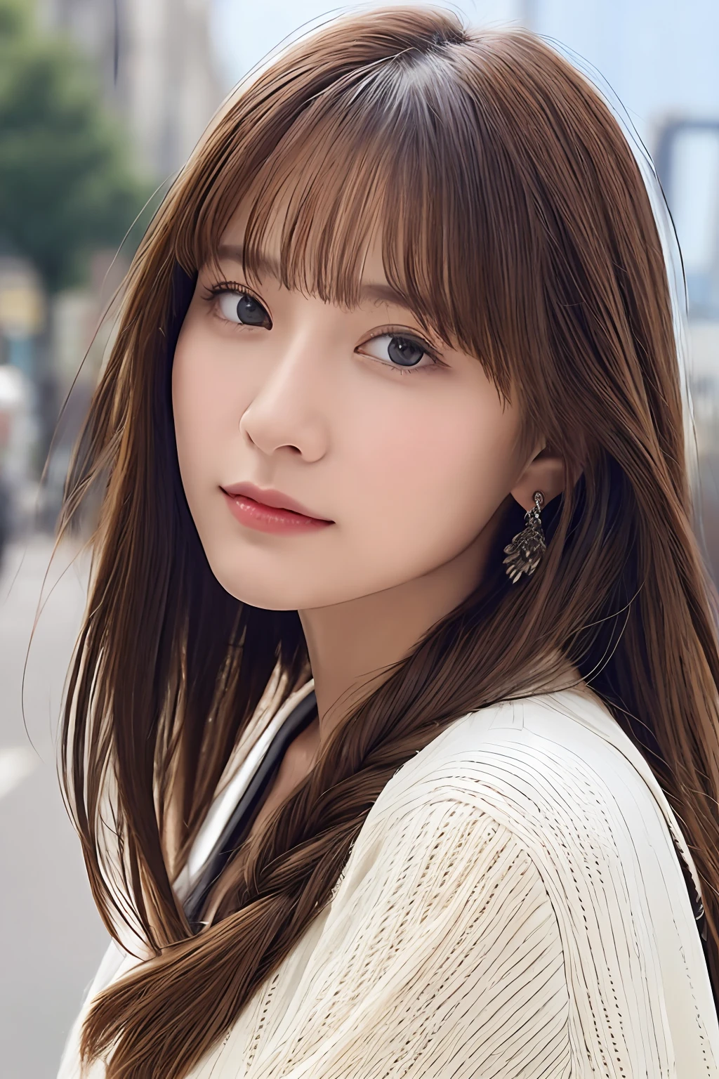 (From below:1),((1girl in)),Light Brown Fringe Hair、Braided hair、disheveled hair、Light brown eyes、(dignified expression)、(Fashionable casual wear),(爆乳)、Emphasize the valley、Skyscraper District、blue-sky、(Photorealsitic)、(intricate detailes:1.2)、(​masterpiece、:1.3)、(top-quality:1.4)、(超A high resolution:1.2)、超A high resolution、(A detailed eye)、(detailed facial features)