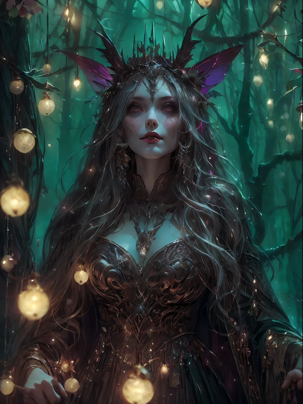 HighestQuali，tmasterpiece：1.2，Detailed details，a full body image of a beautiful forest witch dressed in ornamental ritual gown, witch fashion, action, fairy lights, hyperrealistic, hypermaxamalist, insane details, 4k