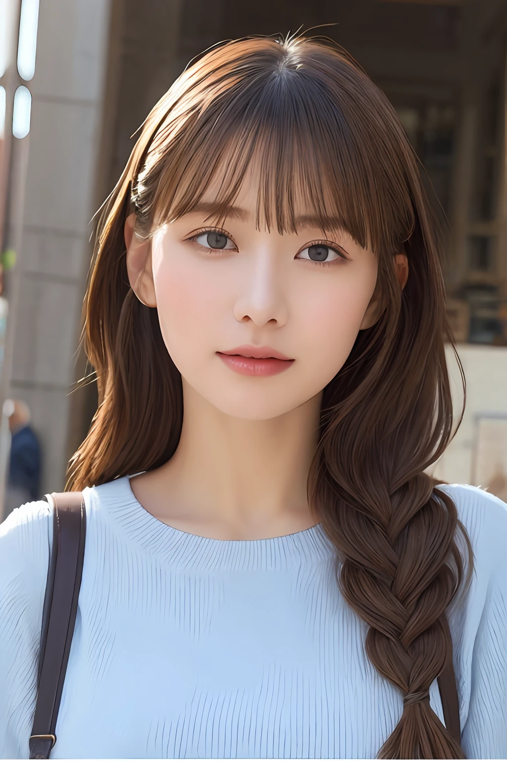 (From below:1),((1girl in)),Light Brown Fringe Hair、Braided hair、disheveled hair、Light brown eyes、(dignified expression)、(Fashionable casual wear),(爆乳)、Emphasize the valley、Skyscraper District、blue-sky、(Photorealsitic)、(intricate detailes:1.2)、(​masterpiece、:1.3)、(top-quality:1.4)、(超A high resolution:1.2)、超A high resolution、(A detailed eye)、(detailed facial features)
