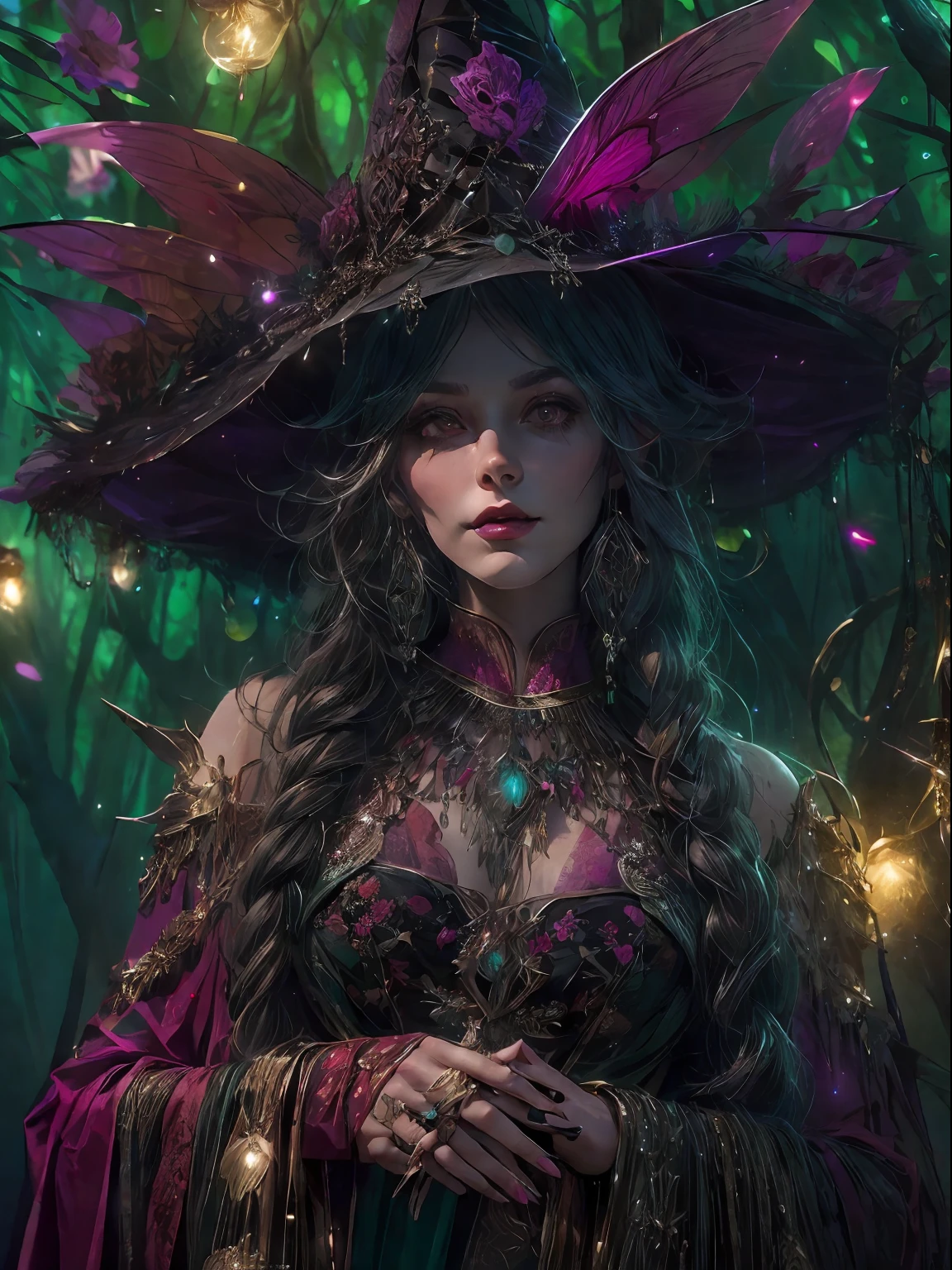 HighestQuali,tmasterpiece:1.2,Detailed details,Full body image of a beautiful forest witch in a decorative ceremonial dress, Witch fashion, Action, fairy lights, Hyperrealistic, Supermaximist, insanely details, 4K