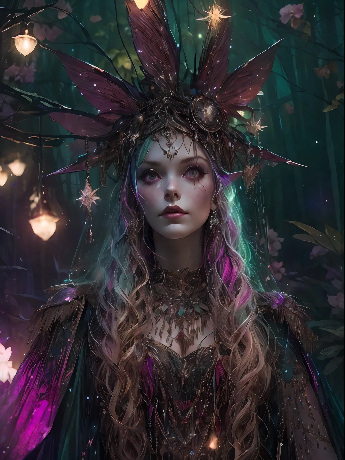 HighestQuali，tmasterpiece：1.2，Detailed details，Full body image of a beautiful forest witch in a decorative ceremonial dress, Witch fashion, Action, fairy lights, Hyperrealistic, Supermaximist, insanely details, 4K