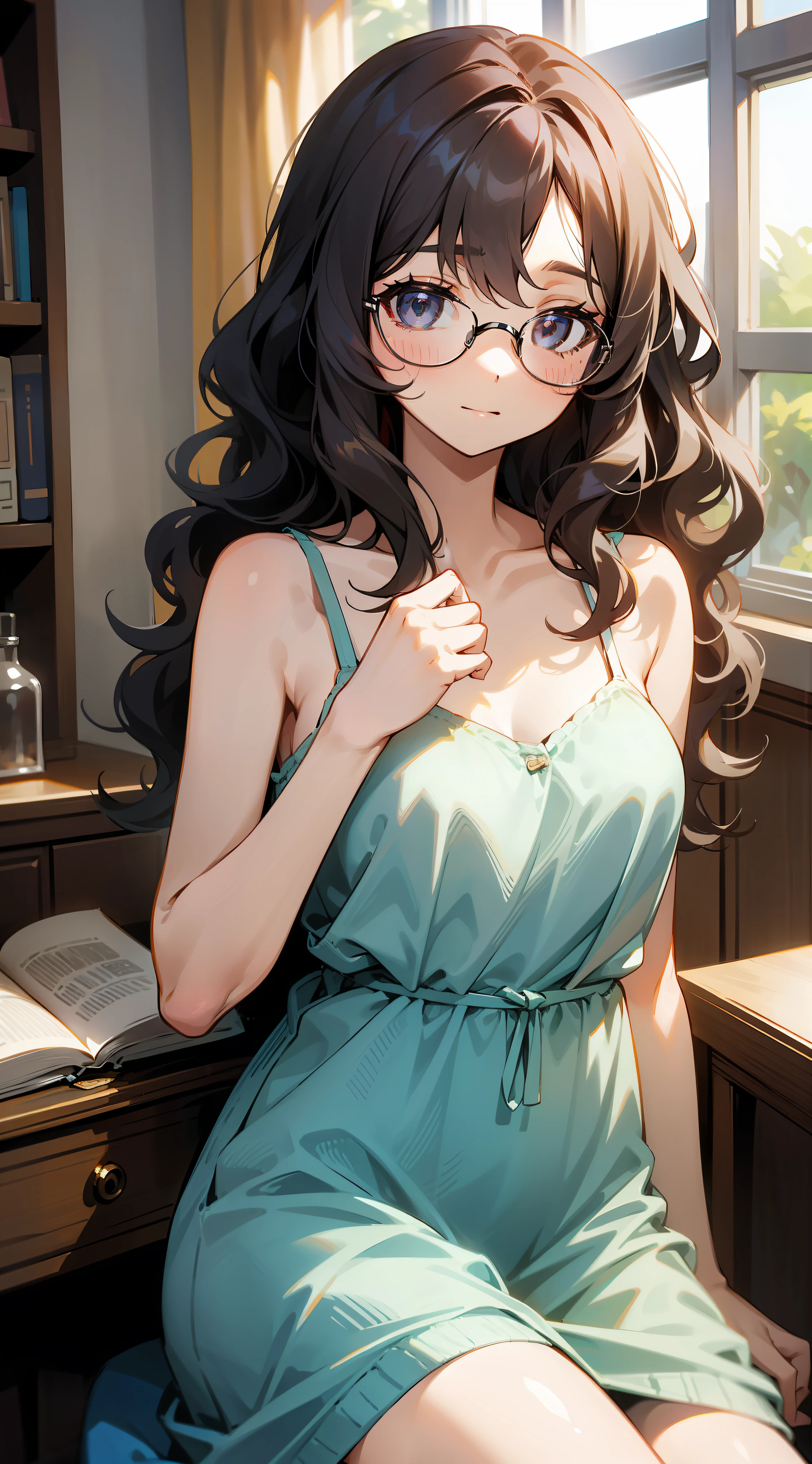 Woman with wavy hair、eye glass、Stay in the room、Camisole dress、cardigan