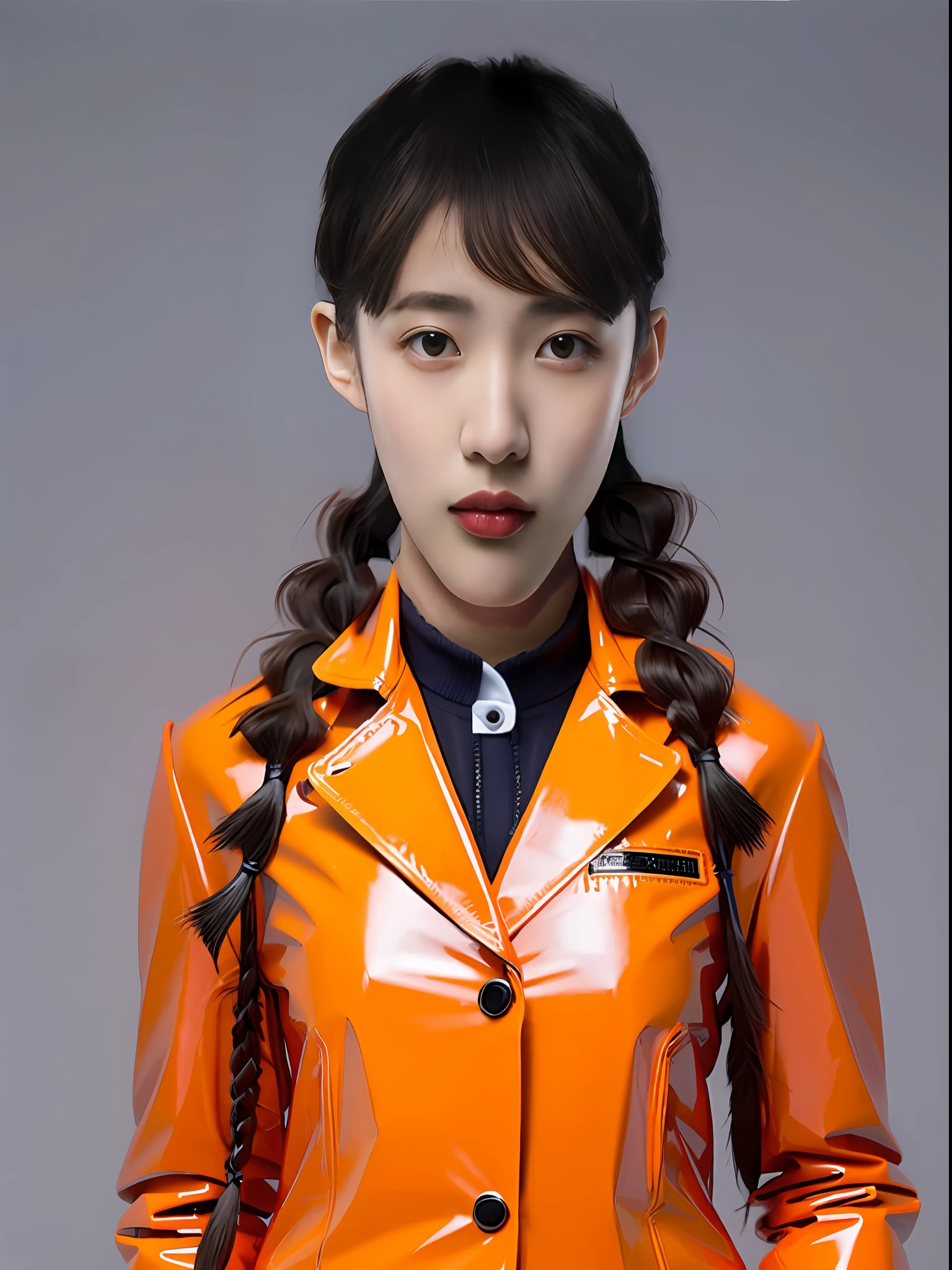 A Chinese high school girl,Wearing an orange PVC blazer,Plump body shape,long braid