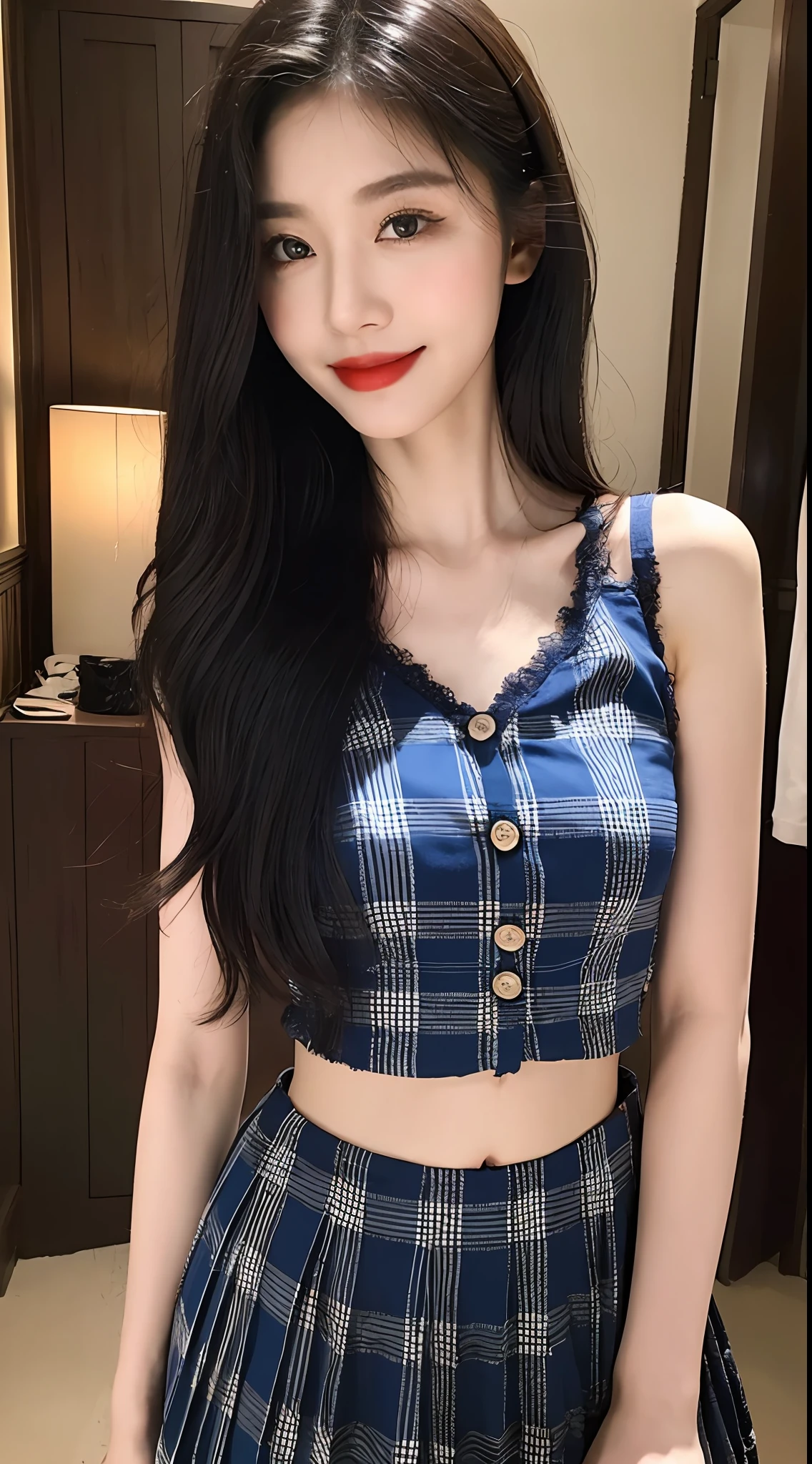 high detal，8K分辨率，超高分辨率，Best image quality，a beauty girl，lipsticks，Love pupils，Peerless beauty，Messy black straight hair，shoulder-length short hair，（Coiled hair）Smooth hair，Intense and beautiful makeup，Exquisite and perfect facial features，the most beautiful big eyes，Be red in the face，Sweet smile，（Wearing a blue lace shirt with buttons，tiese ，Plaid pleated skirt）Open navel，Thin waist，（Full breasts）Get close to the viewer，dynamic angle，Extreme picture quality，Highest accuracy